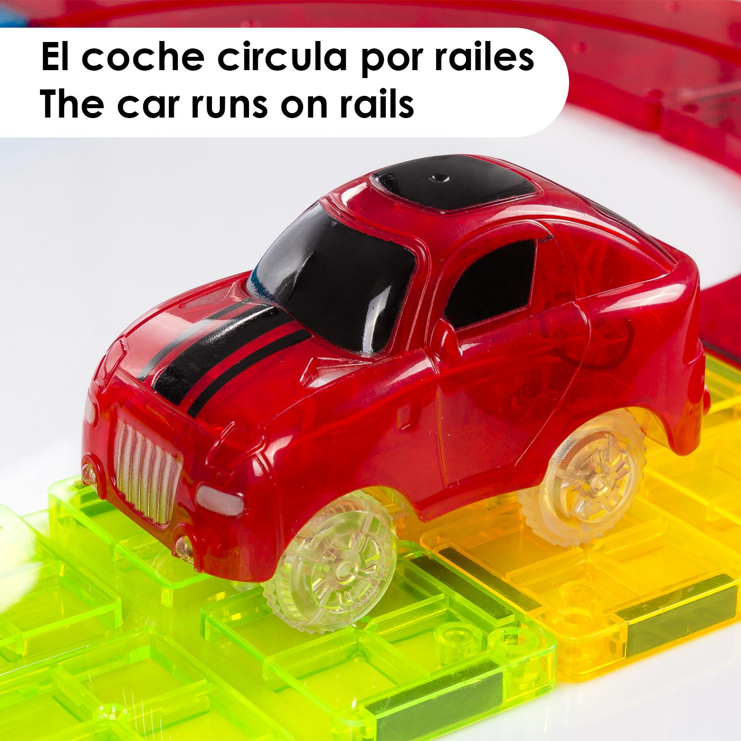 Pista para coches con piezas magnéticas. 27 piezas. Crea tus propios circuitos. Incluye puente y 1 coche.