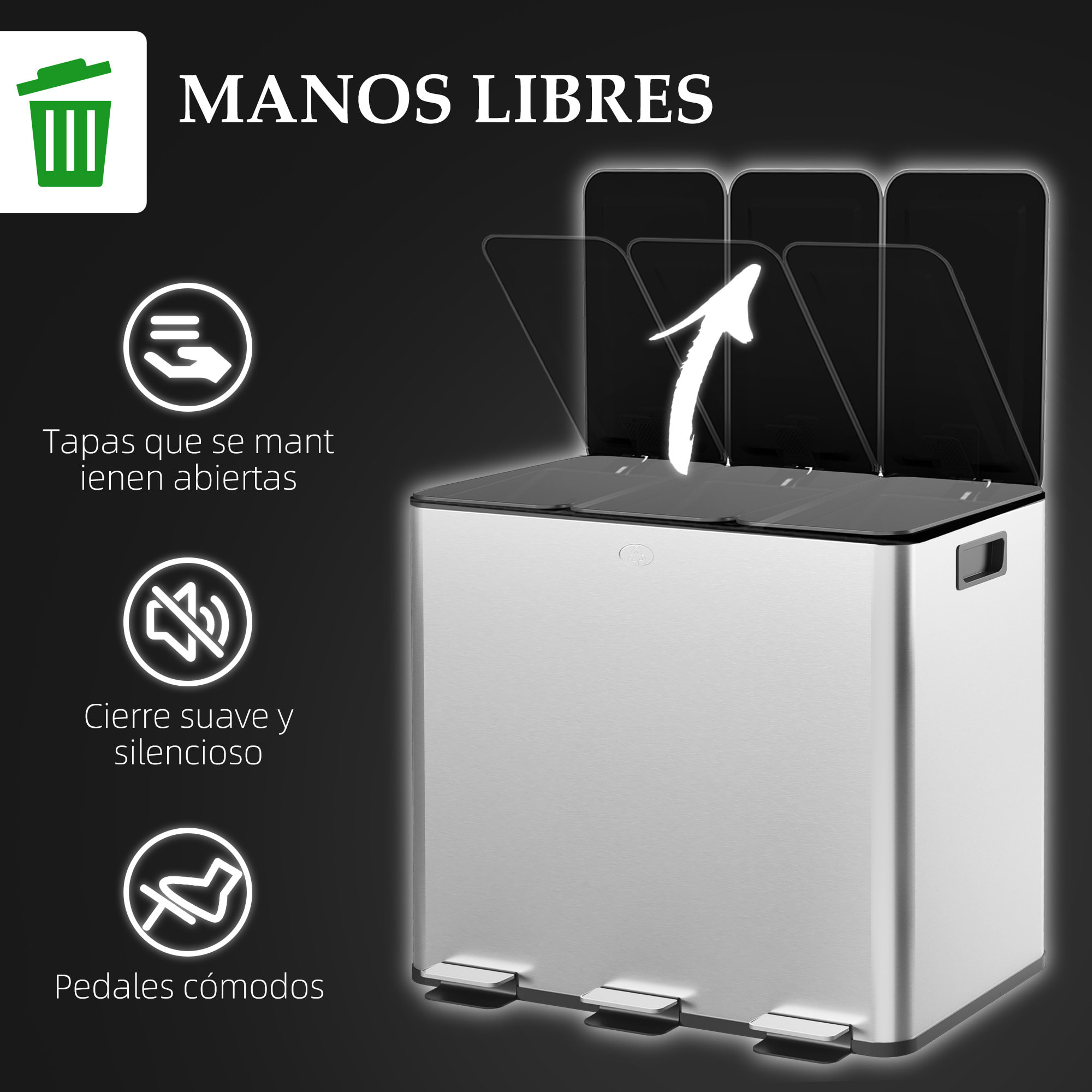 Cubo de Basura de Cocina con 3 Compartimentos 3x15L Papelera de Cocina de Acero Inoxidable con Pedales Tapas de Cierre Suave y Cubo Extraíble para Dormitorio Oficina Salón Plata