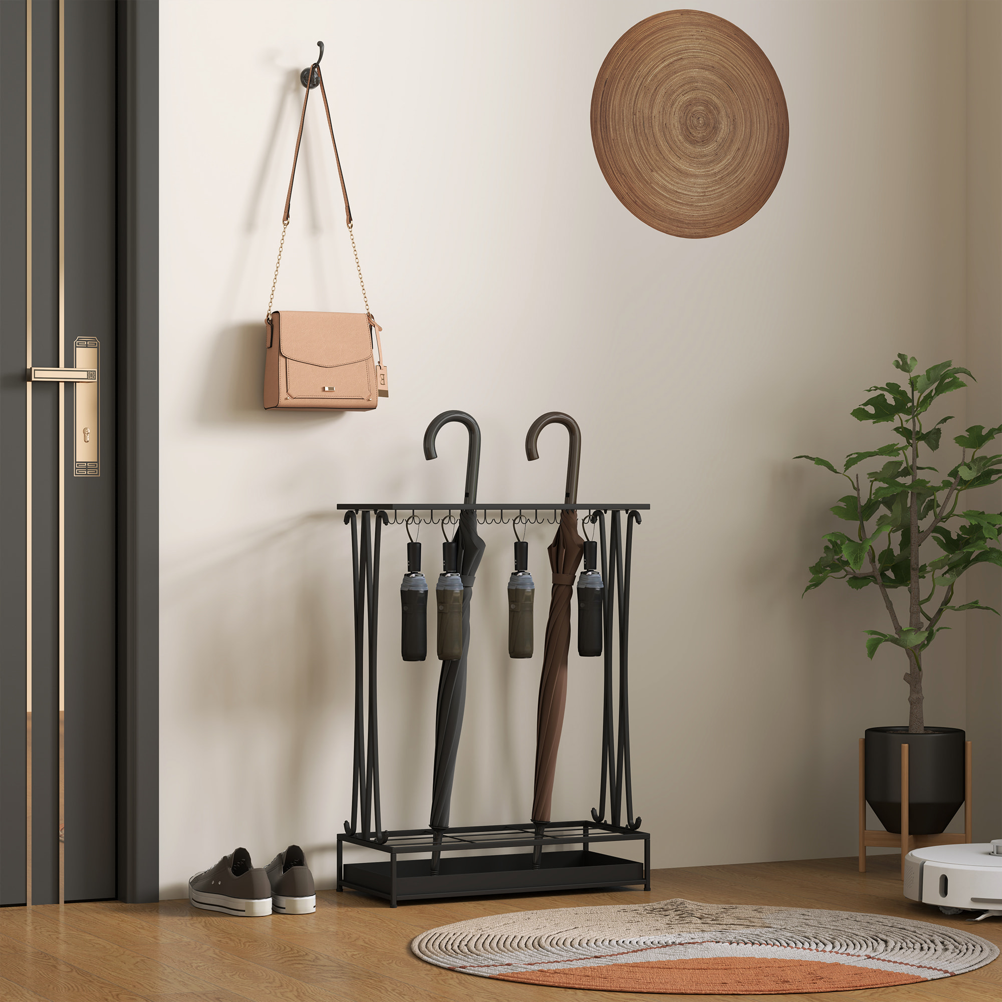 Paragüero Moderno Rectangular Soporte de Paraguas de Acero con 24 Ganchos 21 Espacios y Bandeja Recogegotas Extraíble Paragüero para Entrada Oficina 50x24x68 cm Negro