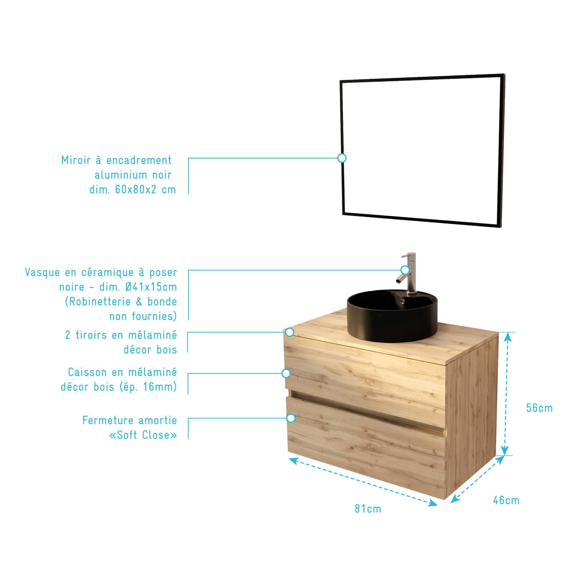 Meuble Salle de Bains 80cm 2 Tiroirs Chêne Naturel + Vasque Ronde Noire 41cm et Miroir 60x80cm