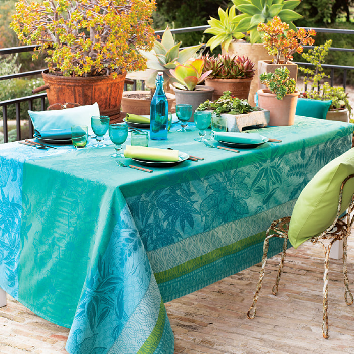 Nappe pur coton motif jacquard bleu vert Mille alocasias atoll