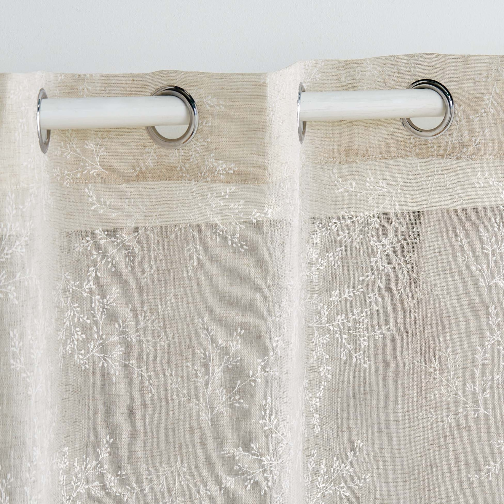 Paire de voilages passe-tringle en voile tissé motif feuillage - Taupe