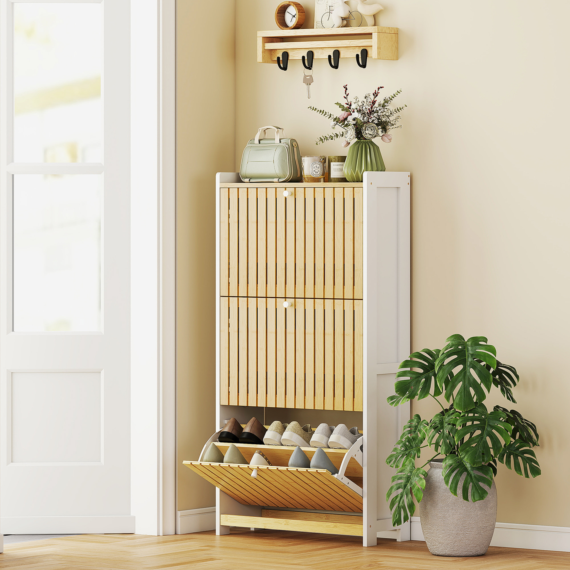 Zapatero Estrecho con 3 Puertas de Bambú con Listones Zapatero Entrada Recibidor con Estantes Ajustables para 18 Pares de Zapatos 60x24x118 cm Blanco y Natural