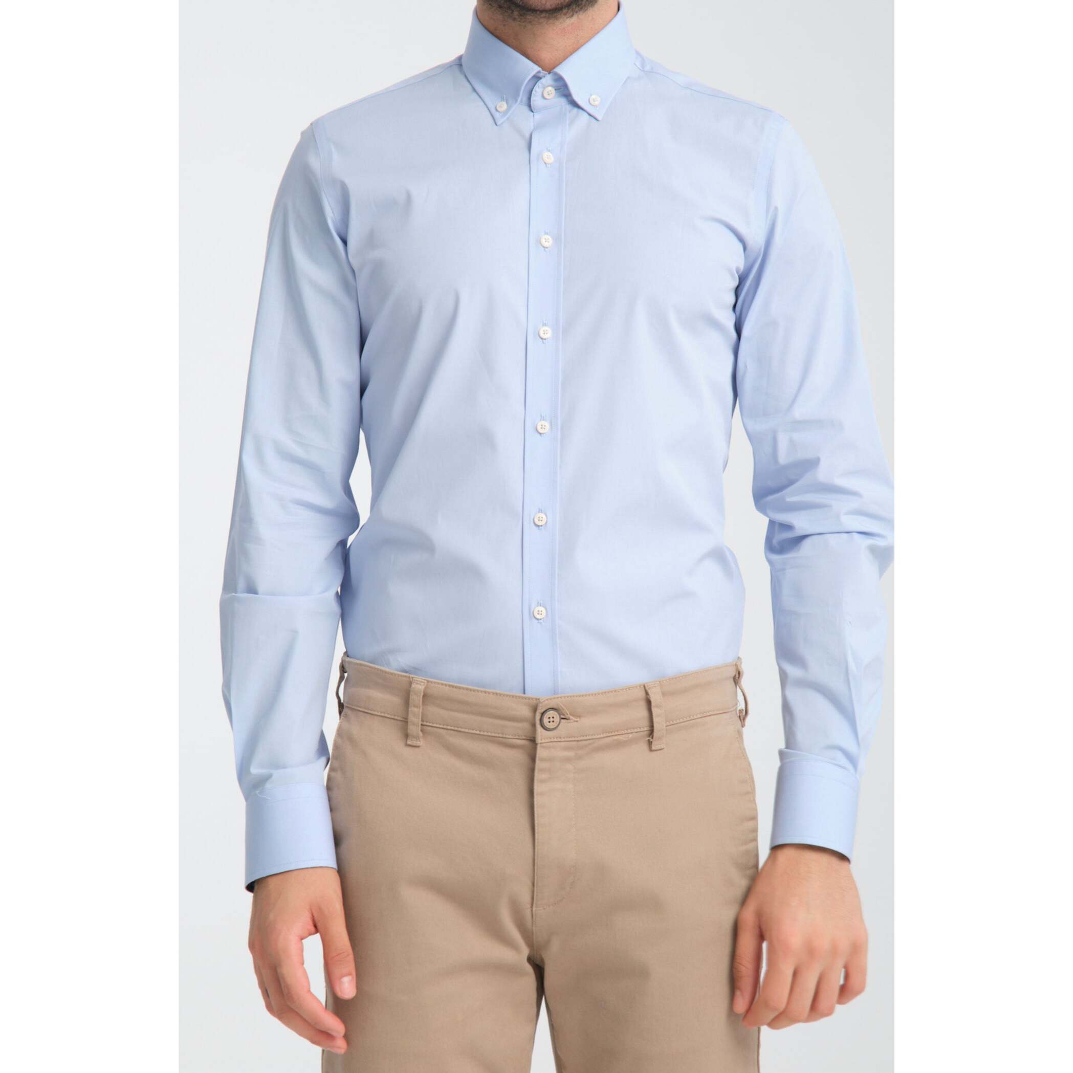 camicia uomo 1 bottone button down slim Popeline Stretch Unito Celeste