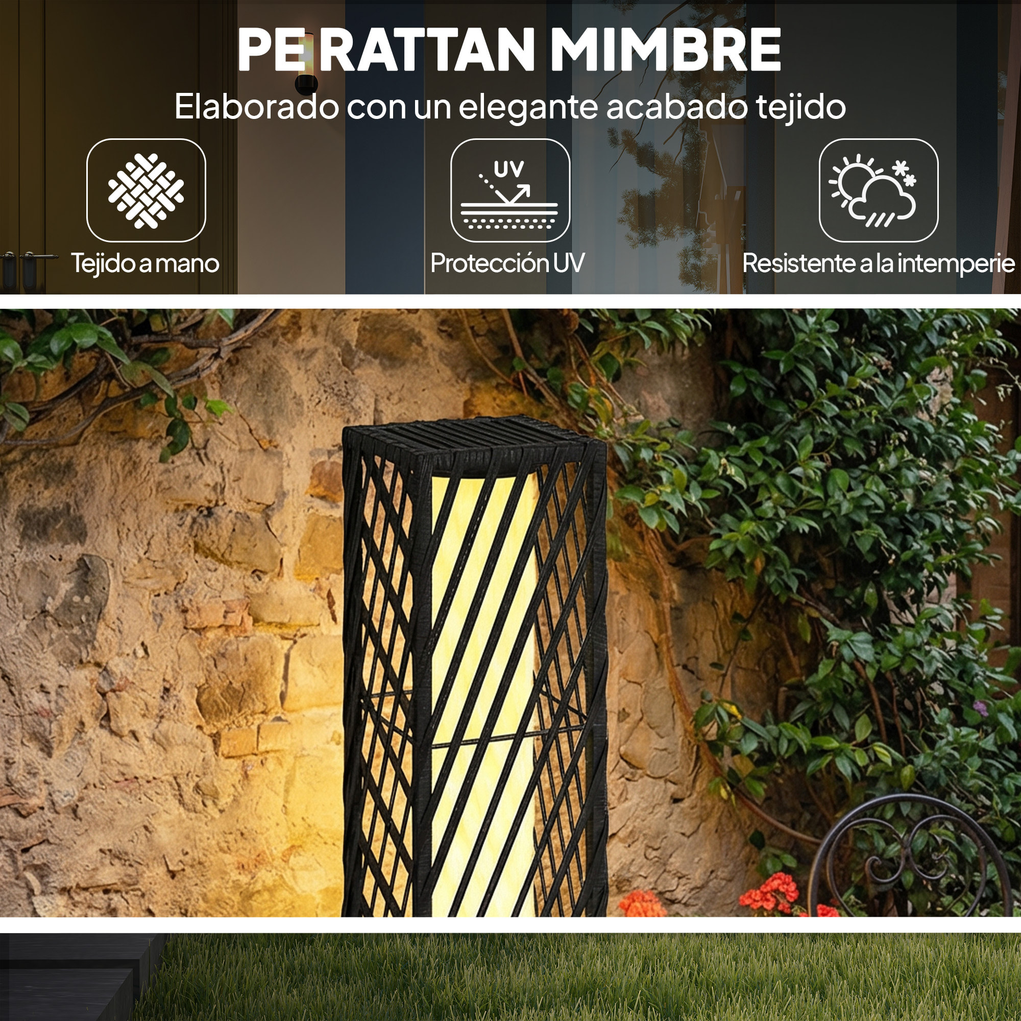 Linterna de Jardín de Ratán, Farola Solar Exterior con Luces LED Encendido y Apagado Automático, Impermeable, IP44, Lámpara de pie para Terraza, Balcón, Patio, 16x16x68 cm, Negro