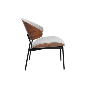 Fauteuil en tissu effet velours texturé gris, bois foncé et métal noir FABULO