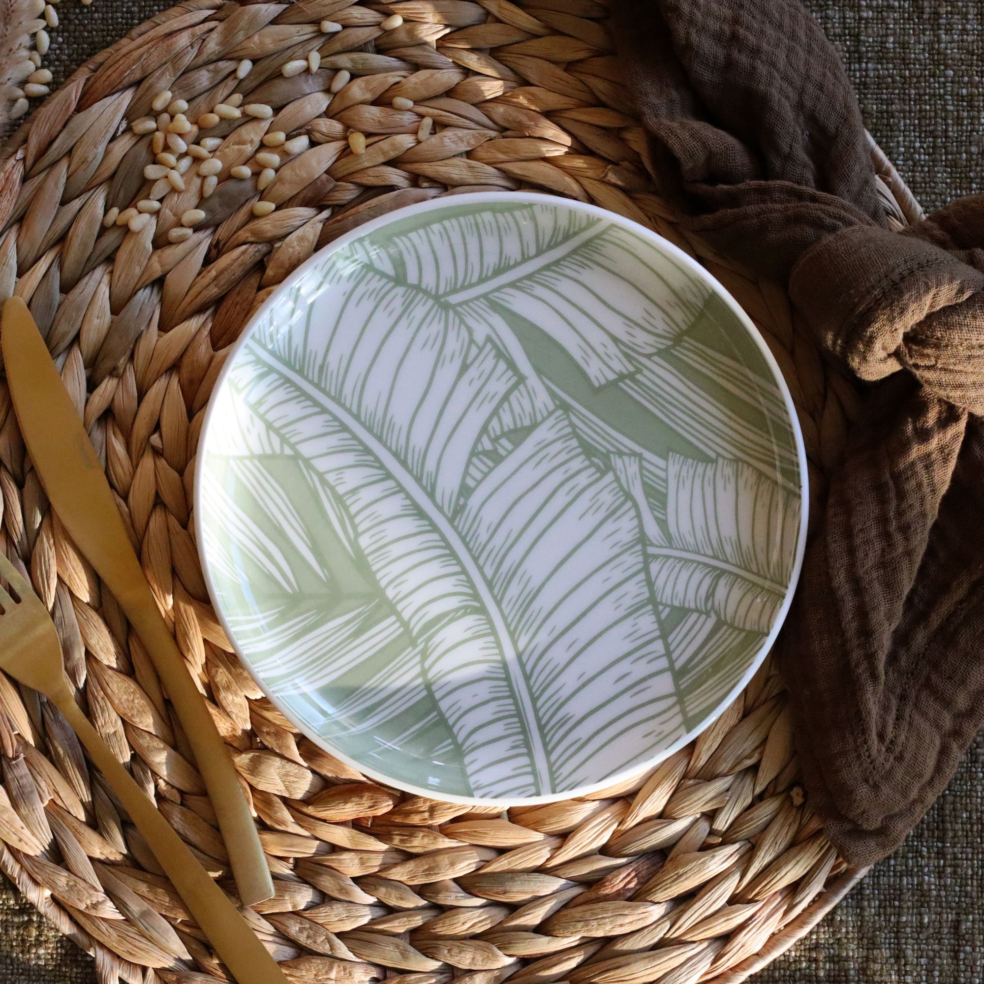 Lot de 6 assiettes à dessert 20cm en grès à motif vert LEAVES