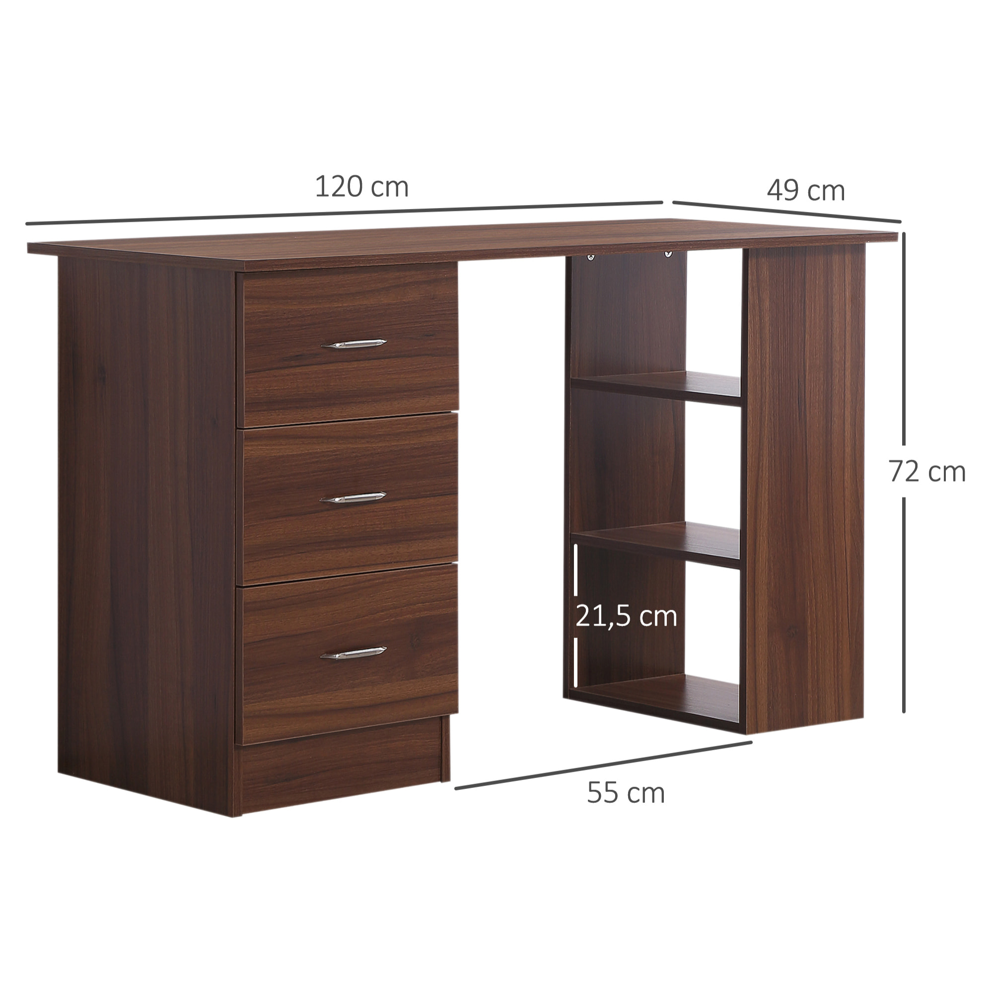 Bureau informatique table multi-fonctions 3 tiroirs 2 étagères dim. 120L x 49l x 72H cm MDF aspect noyer