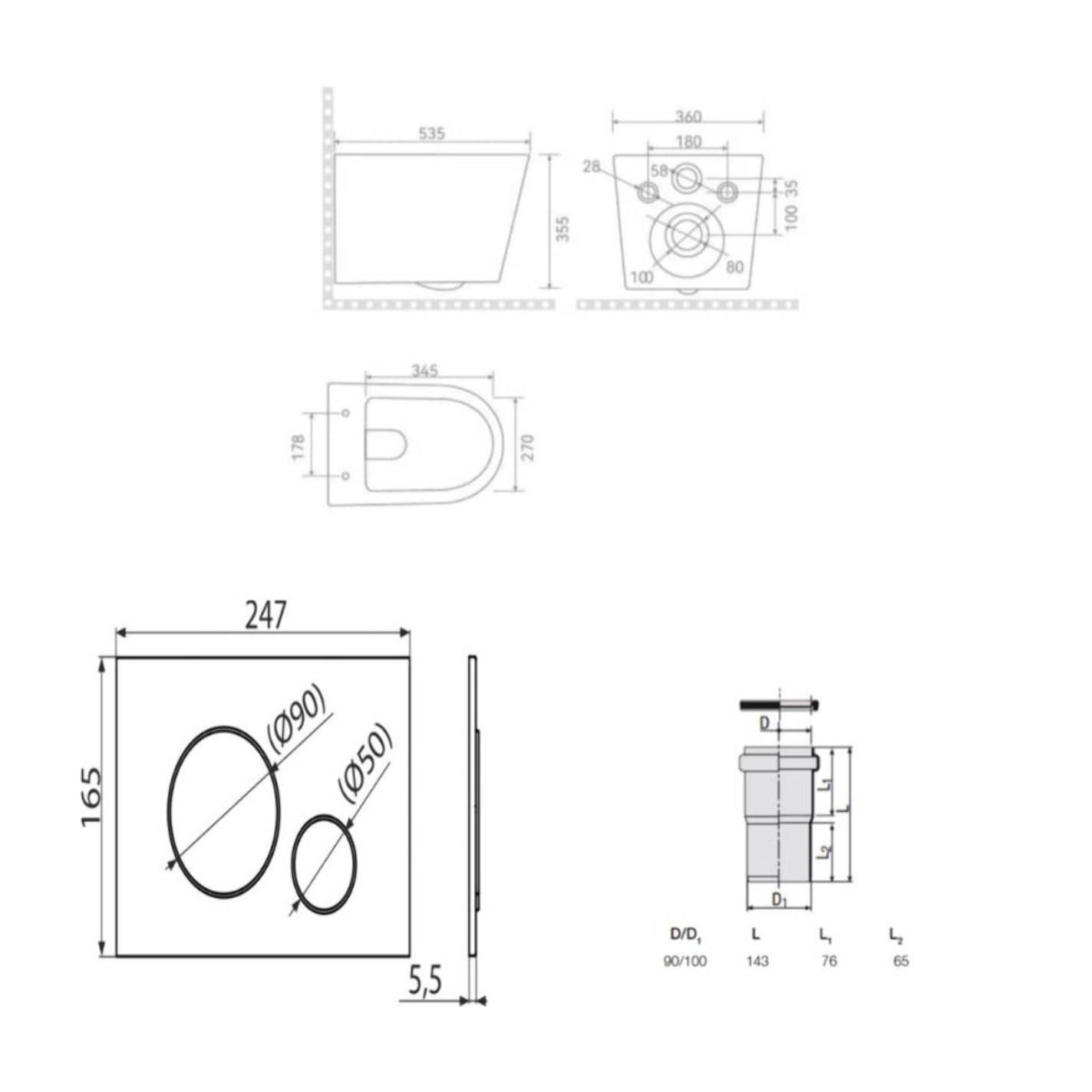 Pack WC suspendu complet avec bâti-support SAT, cuvette Vortex sans bride, plaque noire, économie d’eau