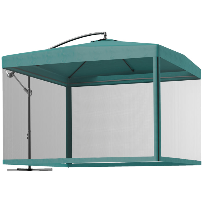 Parasol Excéntrico Ø 295 cm Sombrilla de Jardín con Ángulo Ajustable Mosquiteras Base Cruzada y Manivela para Terraza Patio Exterior Verde Oscuro