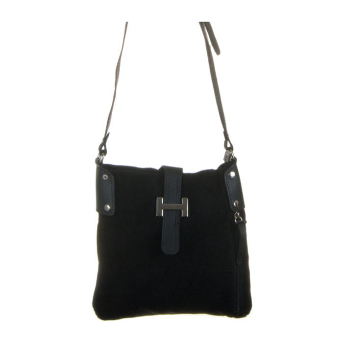 Borsa a Spalla da Donna Milano. Vera Pelle Dollaro Camoscio Made in Italy 26x4x25 Cm. Colore nero