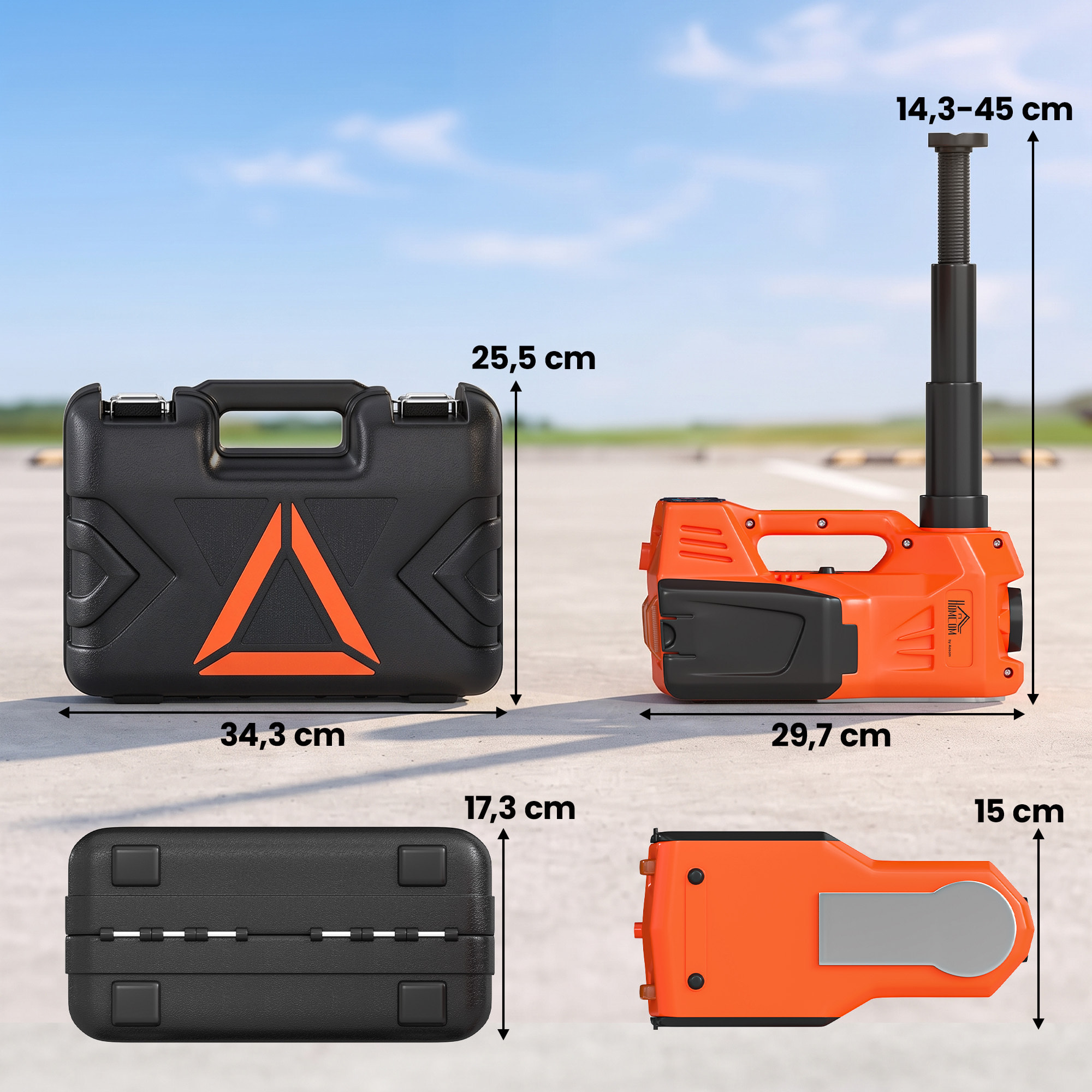 HOMCOM Kit de Gato Hidráulico Eléctrico de 5T 12V, Elevador de Coche Automático 143-450 mm, con Luz LED, Luces Advertencia, Bomba Aire, Llave Hexagonal, Martillo, Maletín Reflectante para SUV y Sedán
