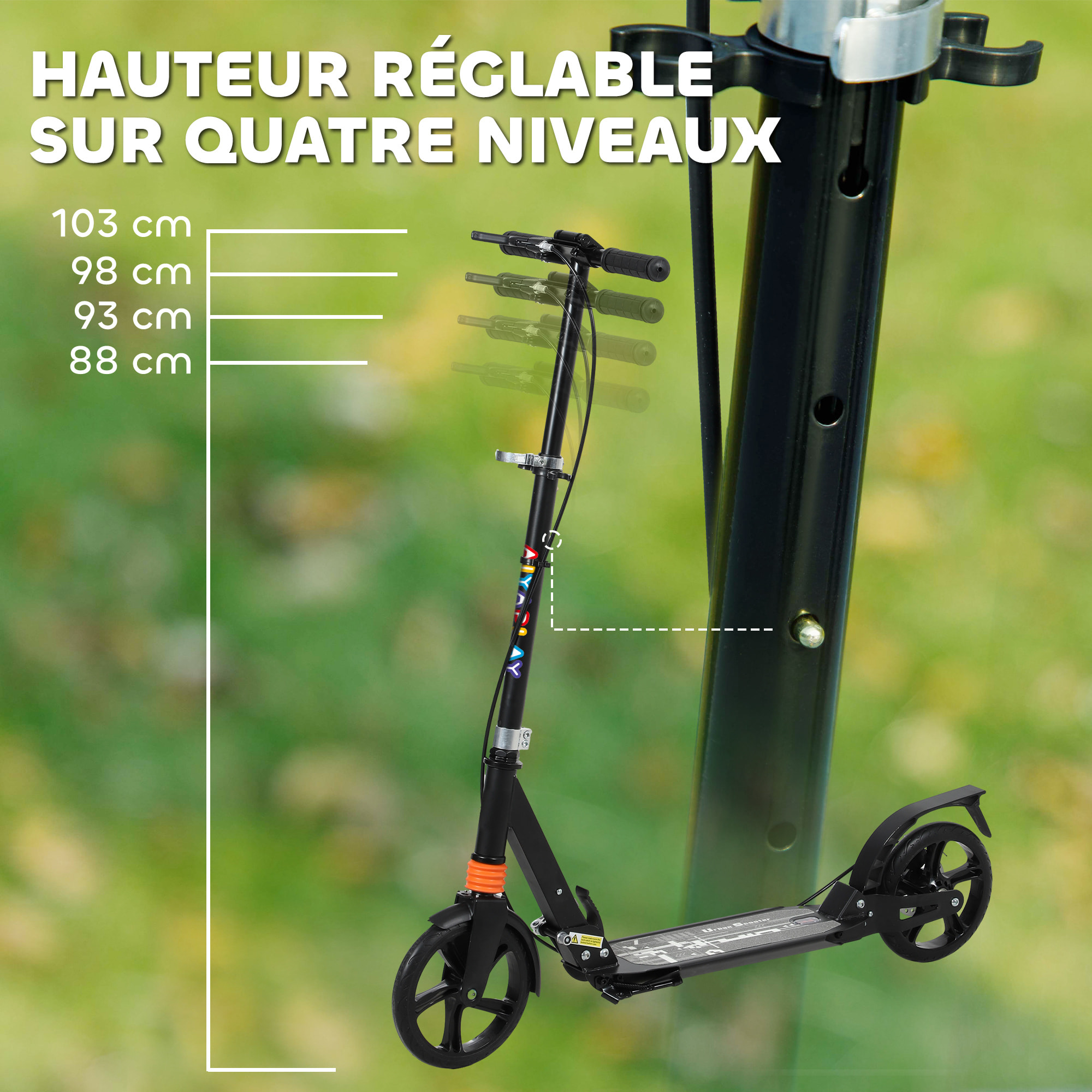 Trottinette pliable enfant 6-12 ans hauteur guidon réglable freins suspensions AV/AR béquille noir