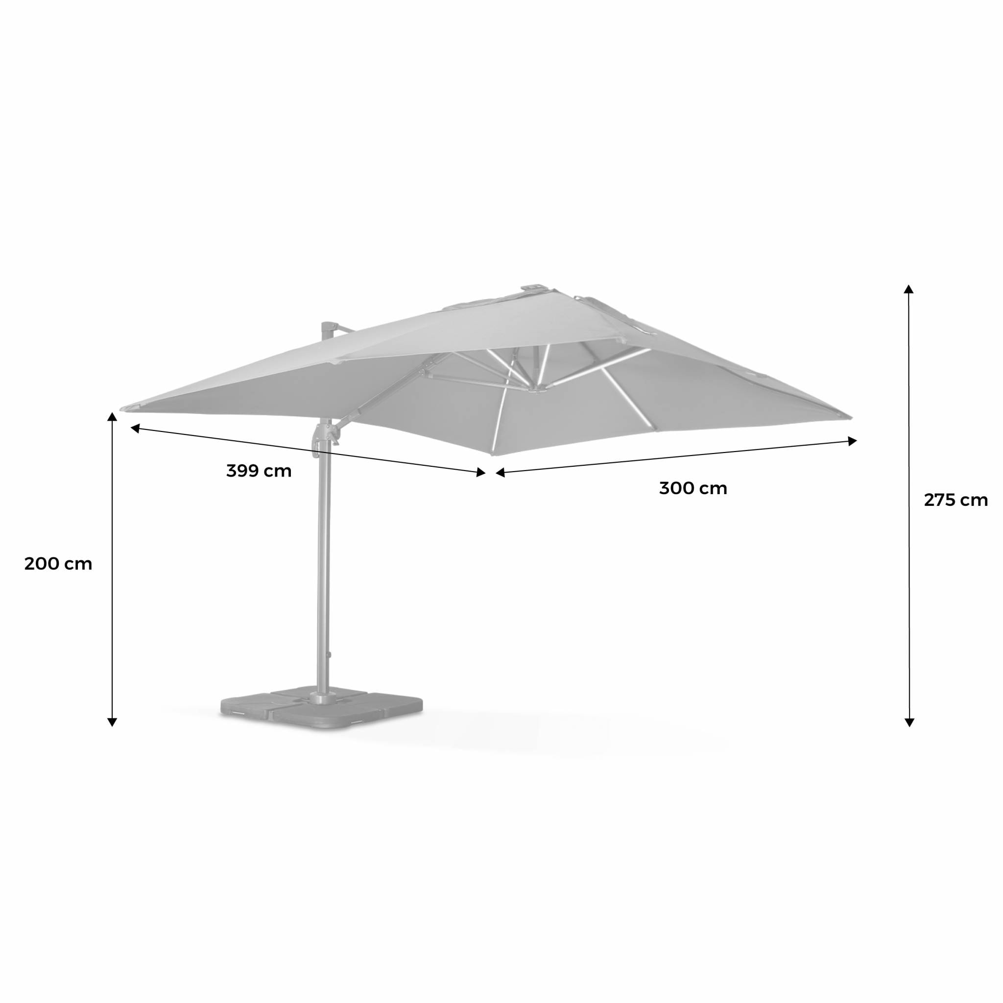 Parasol déporté solaire LED rectangulaire 3x4m haut de gamme - Luce Bleu canard - Parasol excentré inclinable. rabattable et rotatif à 360°. chargeur solaire