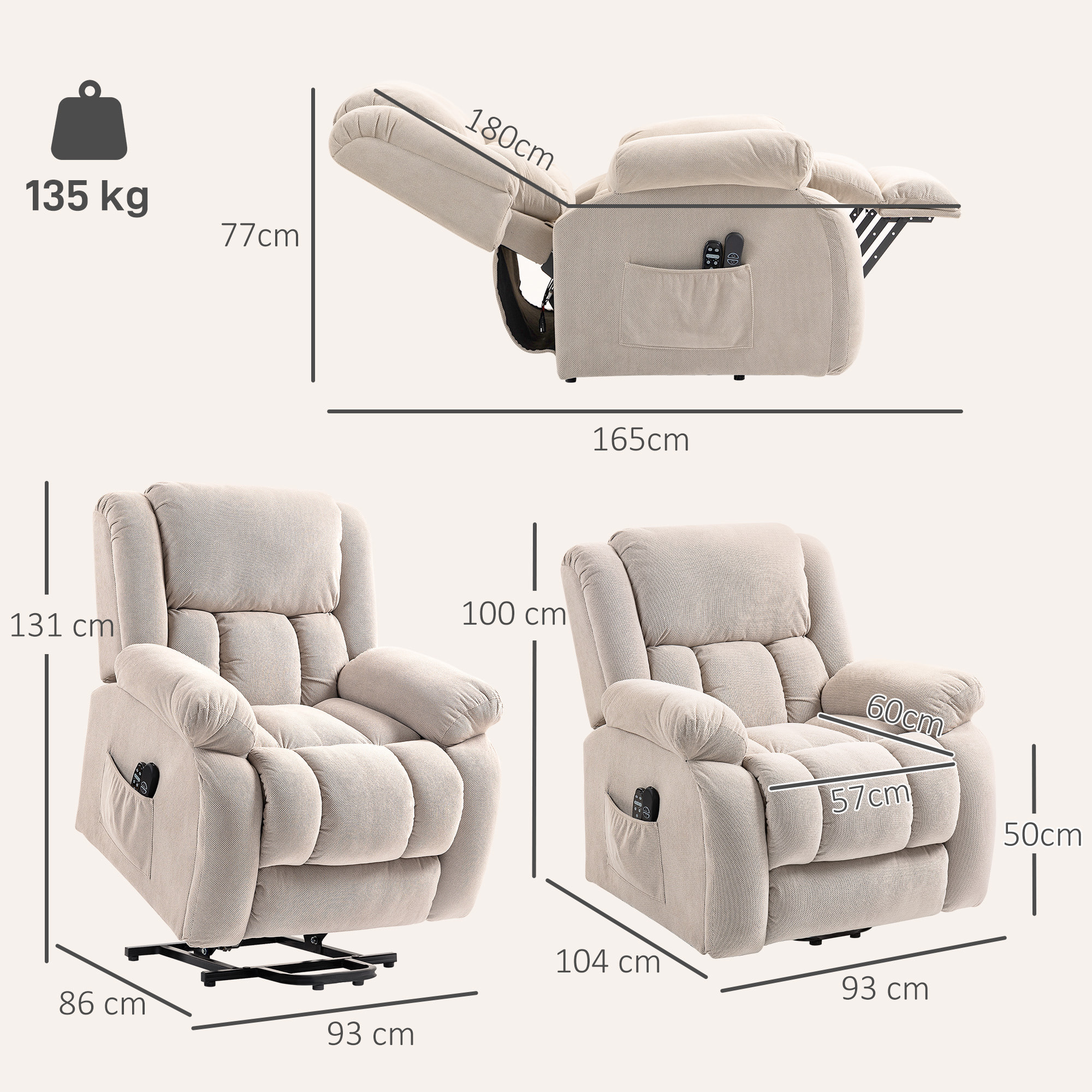 HOMCOM Sillón Relax Reclinable Eléctrico Levanta Personas Mayores con 8 Puntos Masaje Vibratorio y Calor, Sillón Elevador, Asiento Ancho, Puerto USB, Bolsillos, Reposapiés, de Terciopelo, Beige