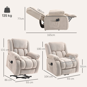 HOMCOM Sillón Relax Reclinable Eléctrico Levanta Personas Mayores con 8 Puntos Masaje Vibratorio y Calor, Sillón Elevador, Asiento Ancho, Puerto USB, Bolsillos, Reposapiés, de Terciopelo, Beige