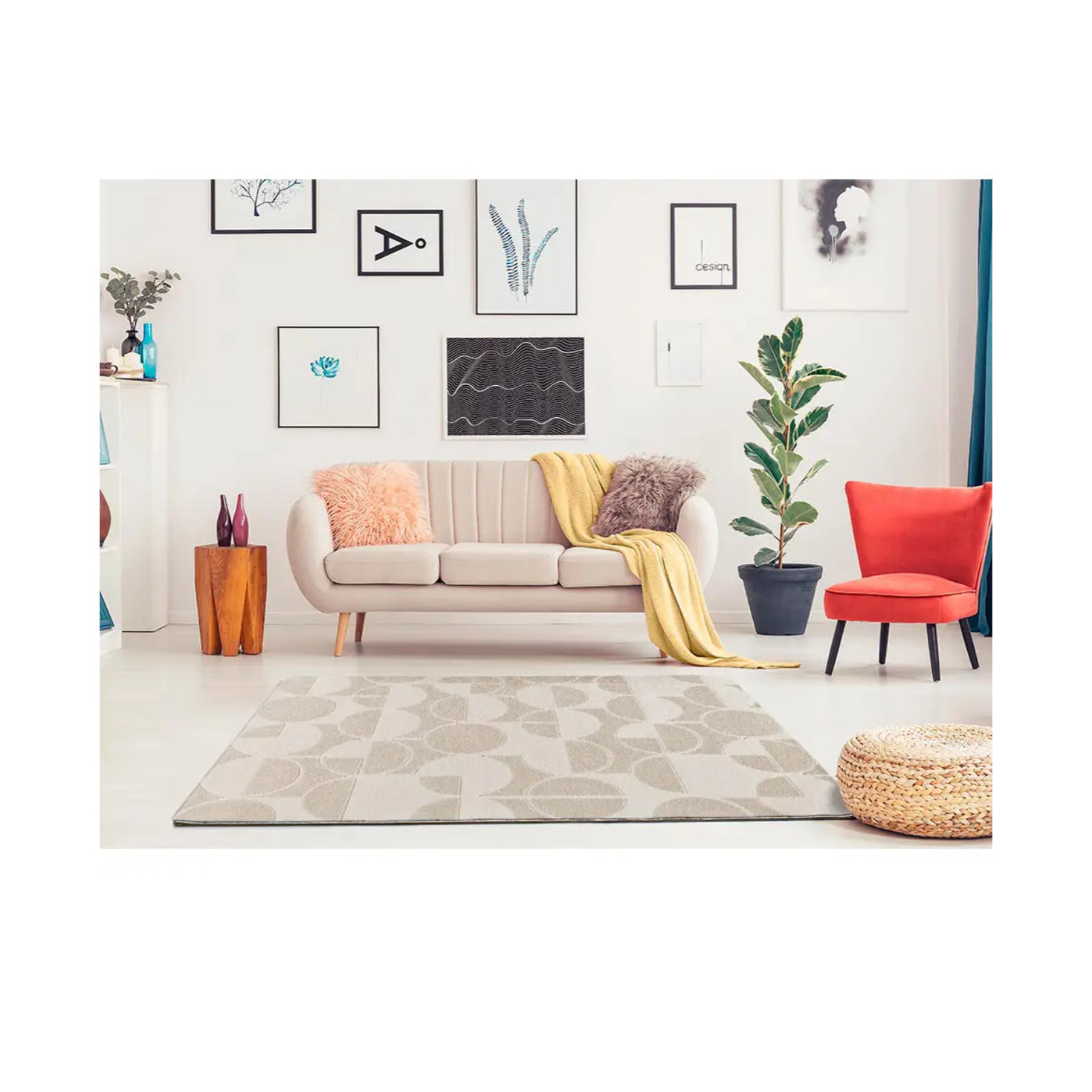 FLORA Alfombra geométrica con relieve en tonos blanco y beige, varias medidas disponibles