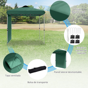 Carpa Plegable 2,5x2,5 m Cenador de Jardín con 1 Pared Lateral Altura Ajustable en 3 Niveles Anti-UV Impermeable y Bolsa de Arena para Camping Fiestas Verde