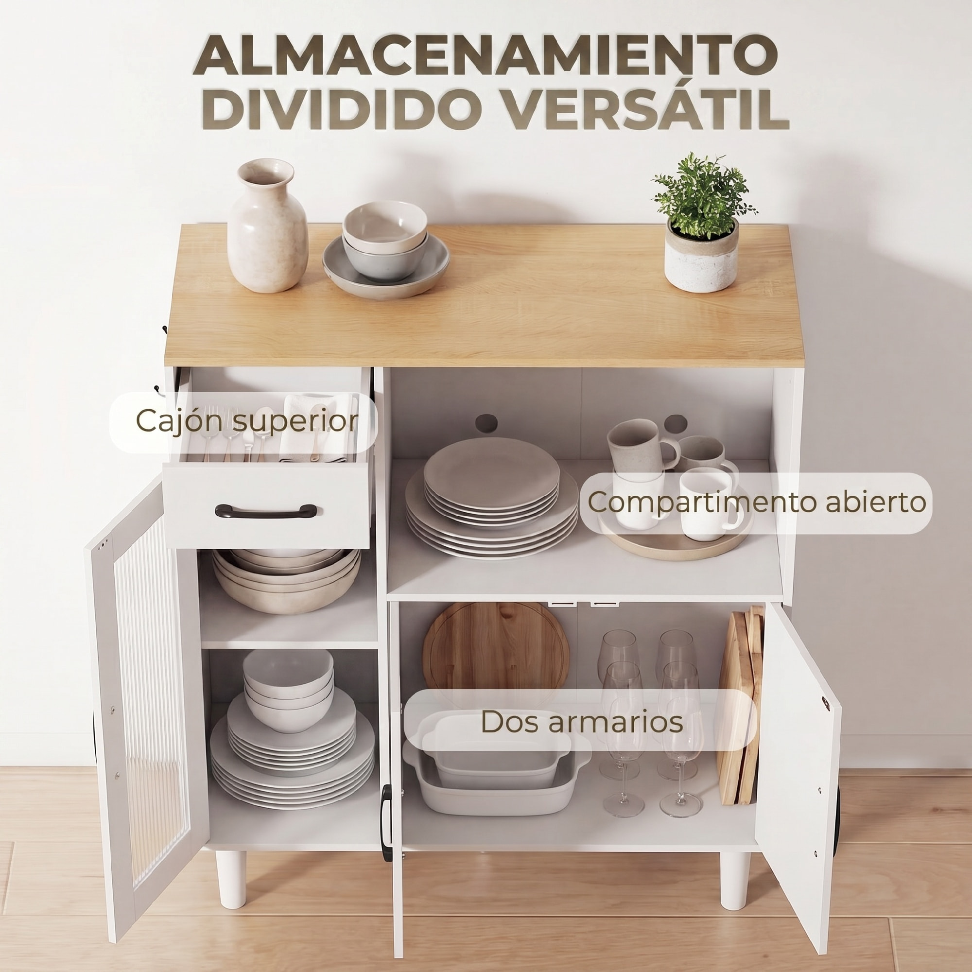 Aparador, Armario de Cocina Moderno con Puerta de Acrílico, Cajón, Estante Ajustable, Compartimento Abierto, Aparador para Cocina, Comedor, 80x34x91 cm, Blanco