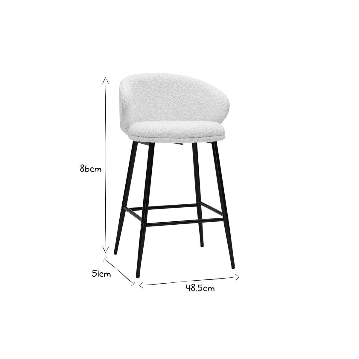 Tabourets de bar design en tissu effet laine bouclée blanc cassé et métal noir H86 cm (lot de 2) ROSALIE