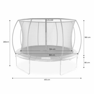 Trampoline rond Ø 370cm gris - Saturne Inner XXL – trampoline de jardin avec filet de protection intérieur. échelle. bâche. filet pour chaussures et kit d'ancrage