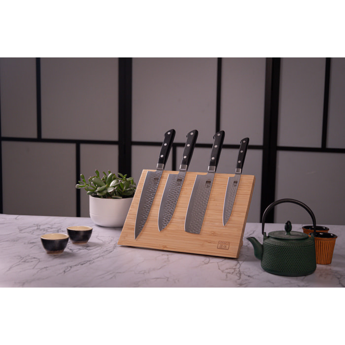 Set Hashi Tsuchime Nómada de 6 piezas: 4 cuchillos (pequeño + nakiri + santoku + gyuto) + funda de algodón 100% + afiladora