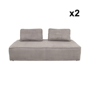 Lot de 2 chauffeuses LAO 2 places pour canapé modulable velours côtelé gris clair. L 180 x P 90 x H 78cm