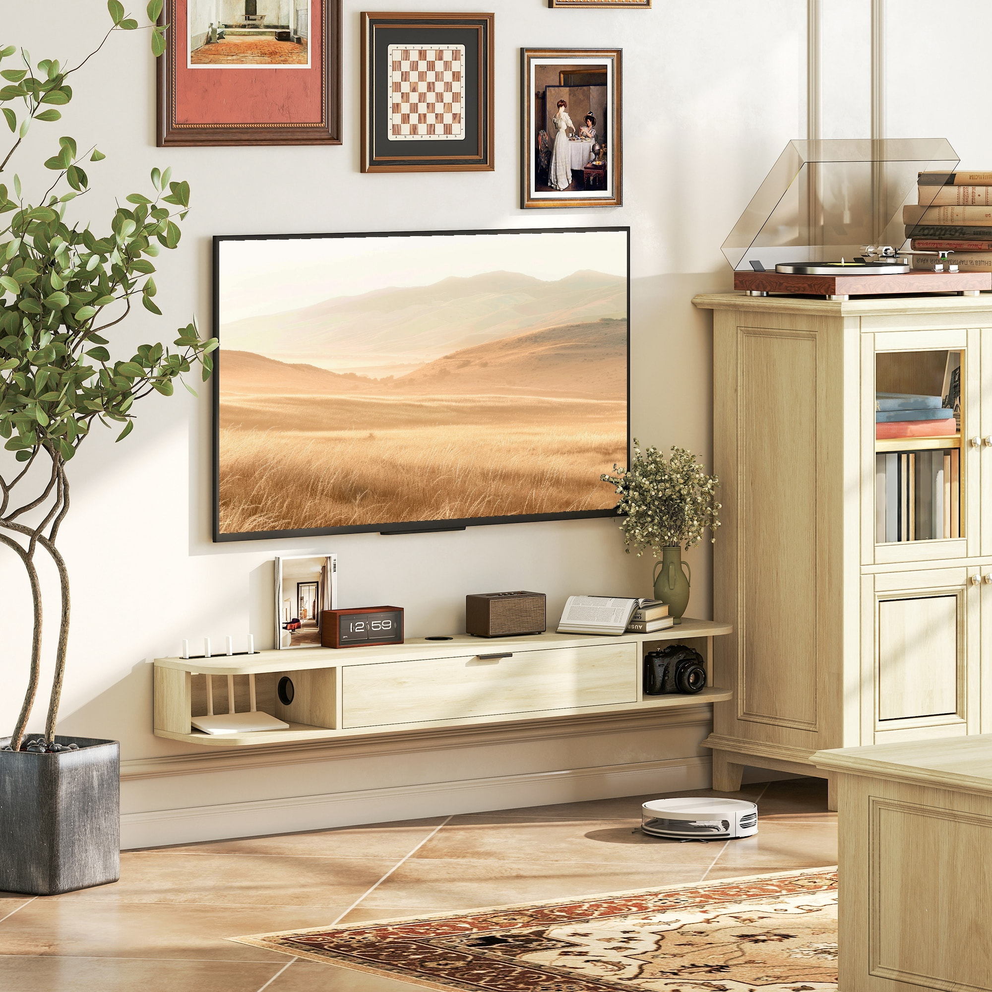 Mueble de TV Suspendido, Mueble de TV para Salón con Cajón Abatible, 2 Estantes Abiertos, Gestión de Cables, Estilo Moderno, para Televisión 60 Pulgadas, 140x24x16 cm, Madera Natural