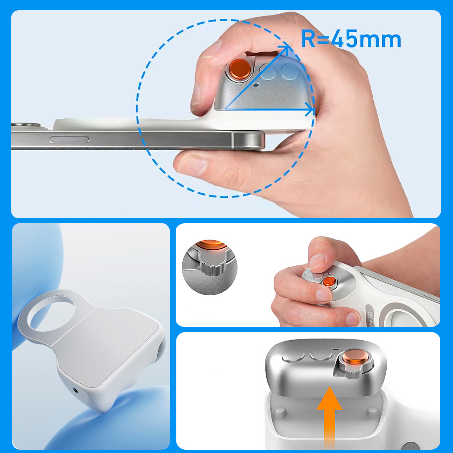 Mango fotográfico magnético para smartphone, control de zoom, botón selfie, disparador y cambio de modos. Con conexión Bluetooth y anillo magnético incluido.