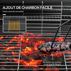 Barbecue à charbon smoker fumoir - 2 grilles, 2 roues, récupérateur cendre, thermomètre - métal noir