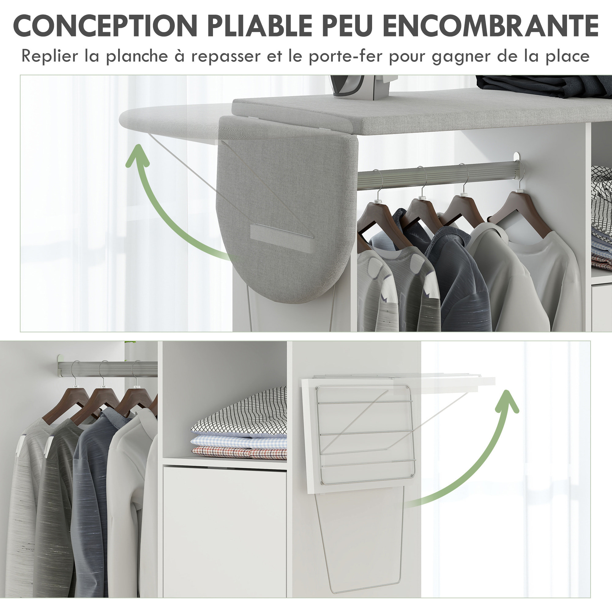 Armoire à repasser pliante sur roulettes avec étagère réglable et barre de suspension – 127 x 42,5 x 99 cm – Blanc