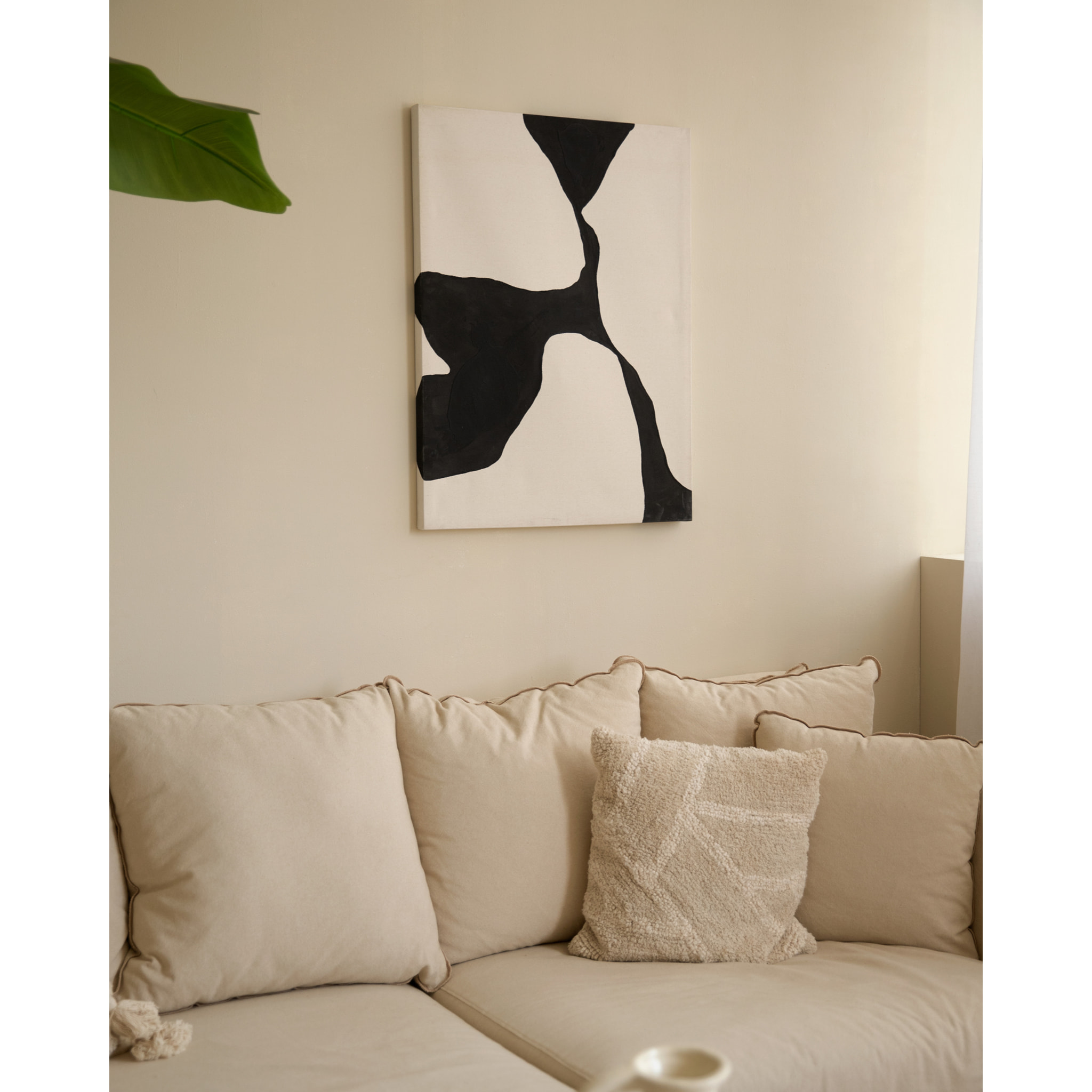 Tableau beige et noir décoratif sur coton avec cadre en bois peint à la main à la peinture à l'huile en différentes tailles