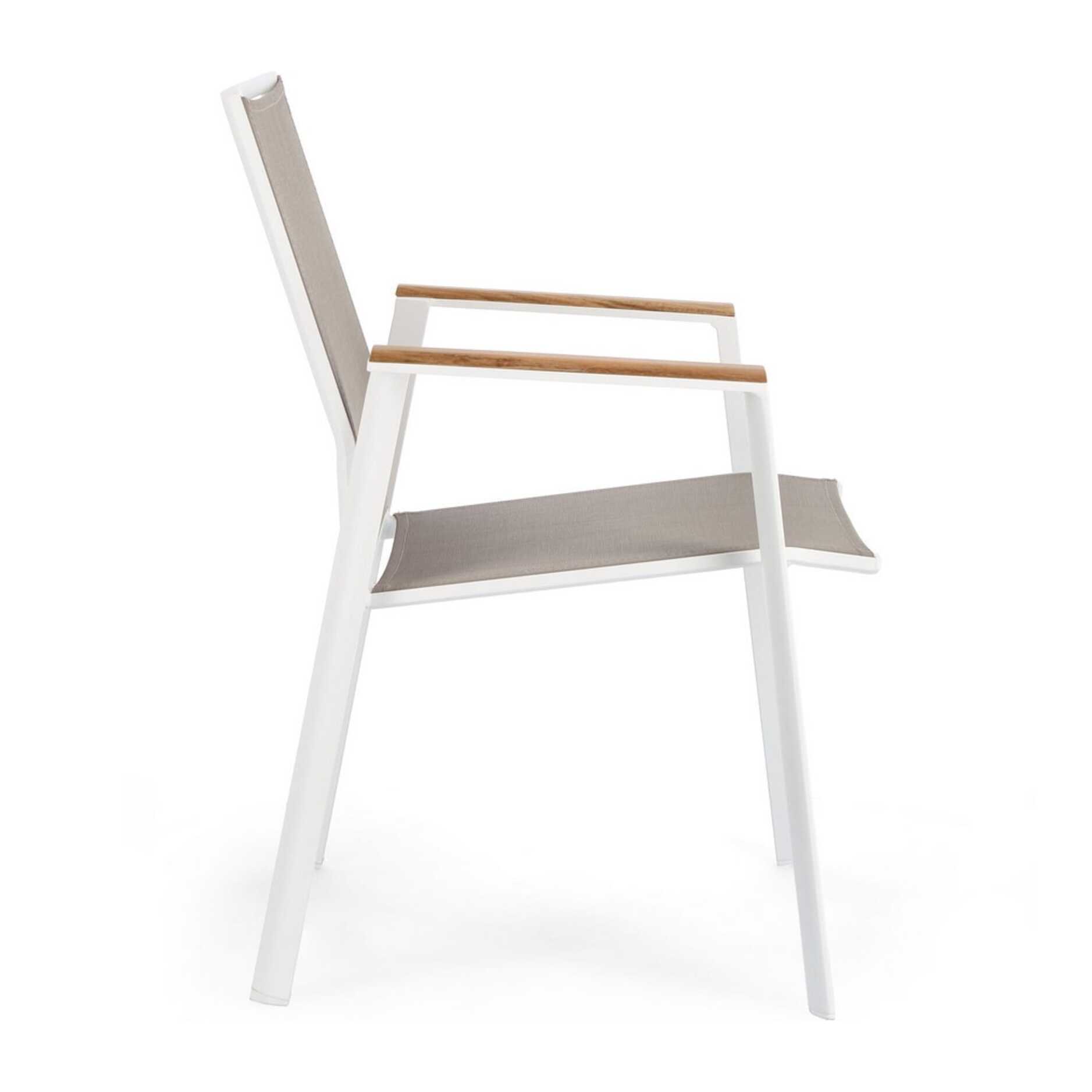 Set 4 sedie da giardino CAMERON in textilene grigio tortora con inserti in teak e struttura in alluminio bianco