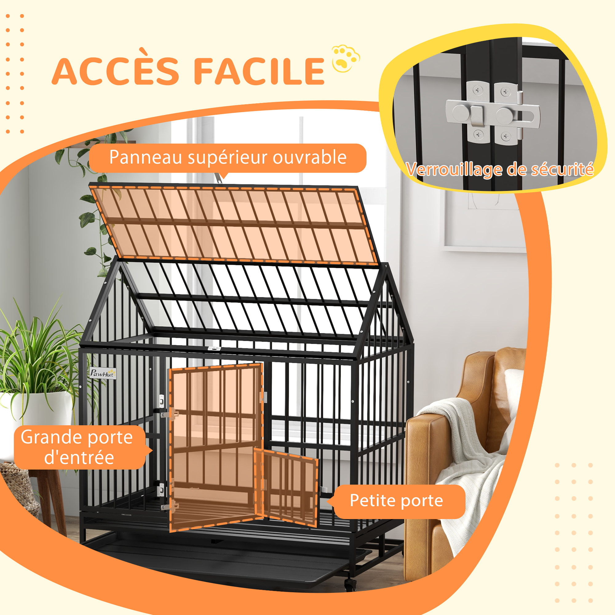 Cage chien grande taille sur roulettes - 2 portes verrouillables, plateau amovible - acier noir