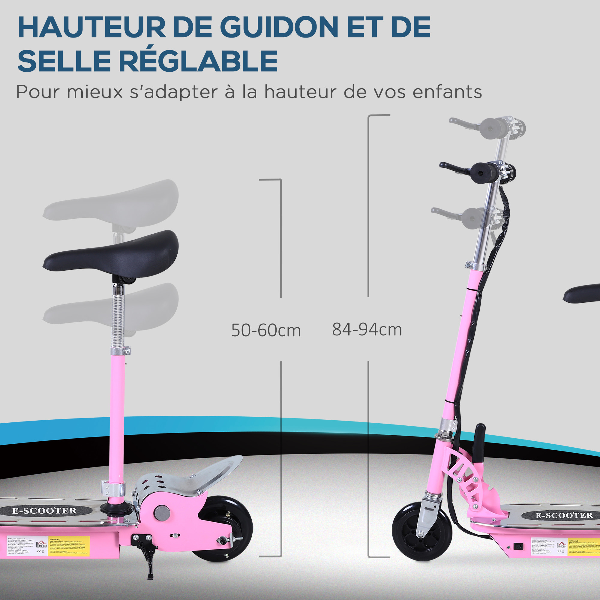 Trottinette électrique 120 W pliable pour enfant de 7 à 12 ans hauteur guidon et selle réglable 10 Km/h max. rose