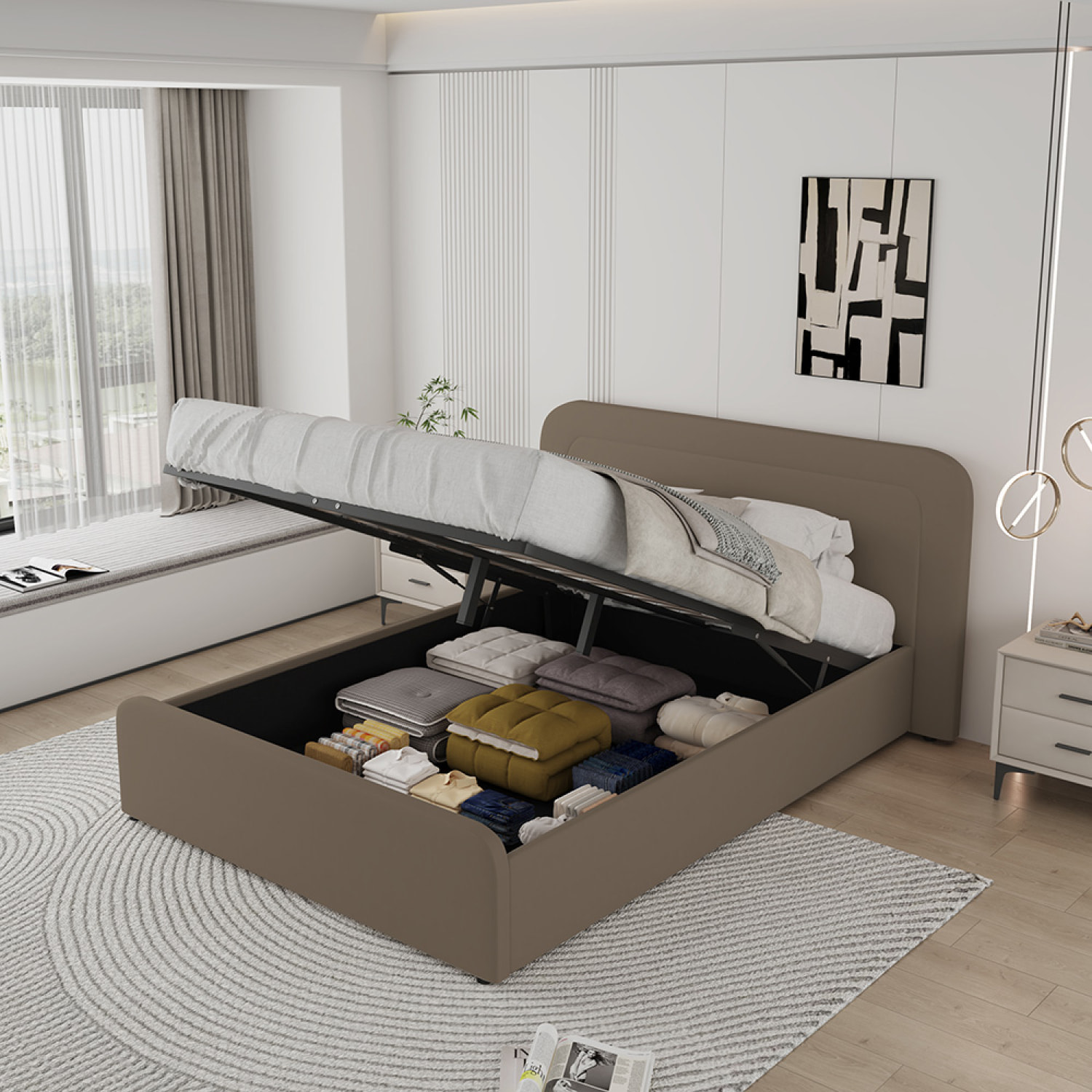Lit avec coffre de rangement 140x190cm en velours marron SEDONA