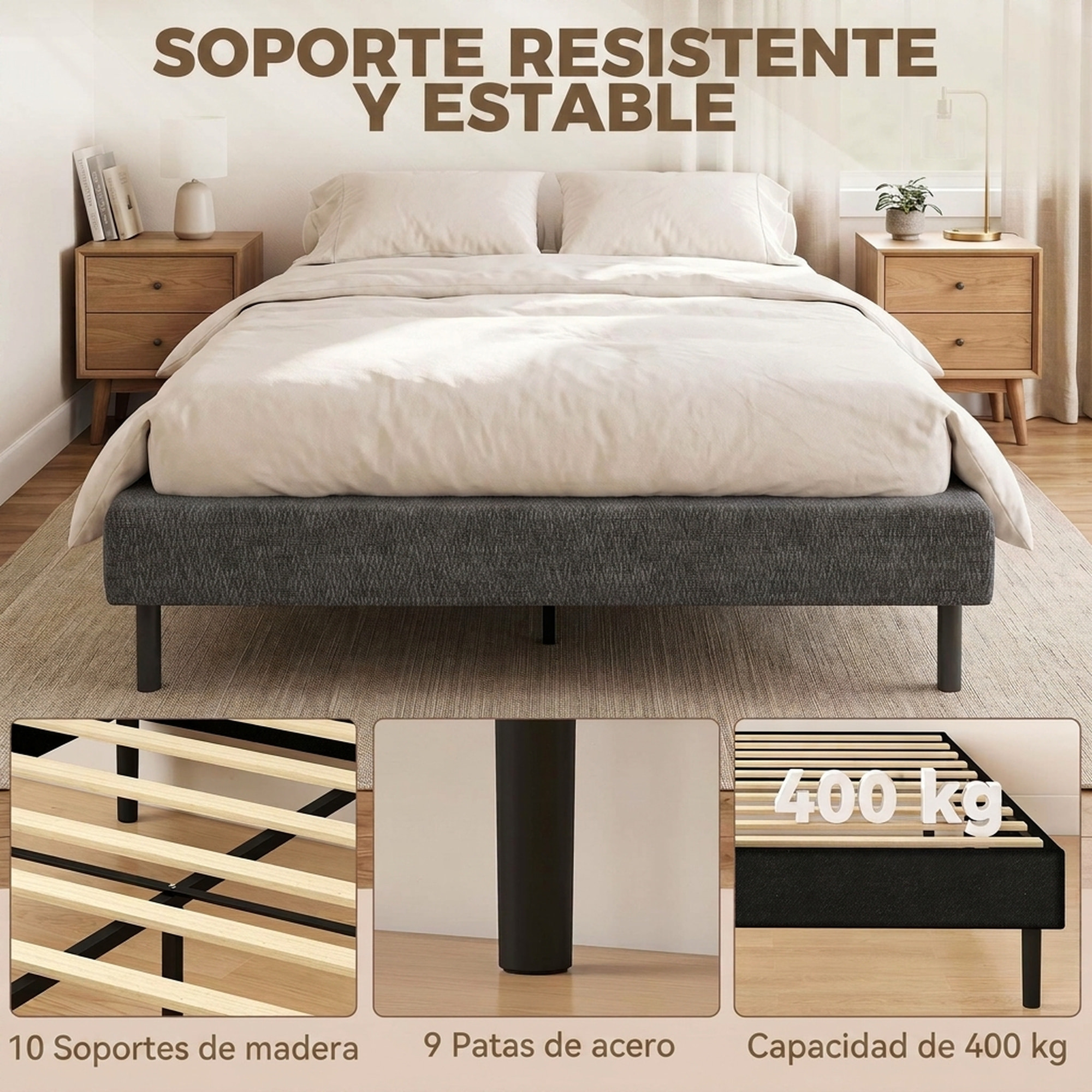 HOMCOM Cama Tapizada 144x195 cm con Funda de Chenilla, Marco de Cama Doble con Somier de Lamas de Madera, Patas de Acero, Diseño Moderno, Fácil Montaje, Carga 400 kg, Gris