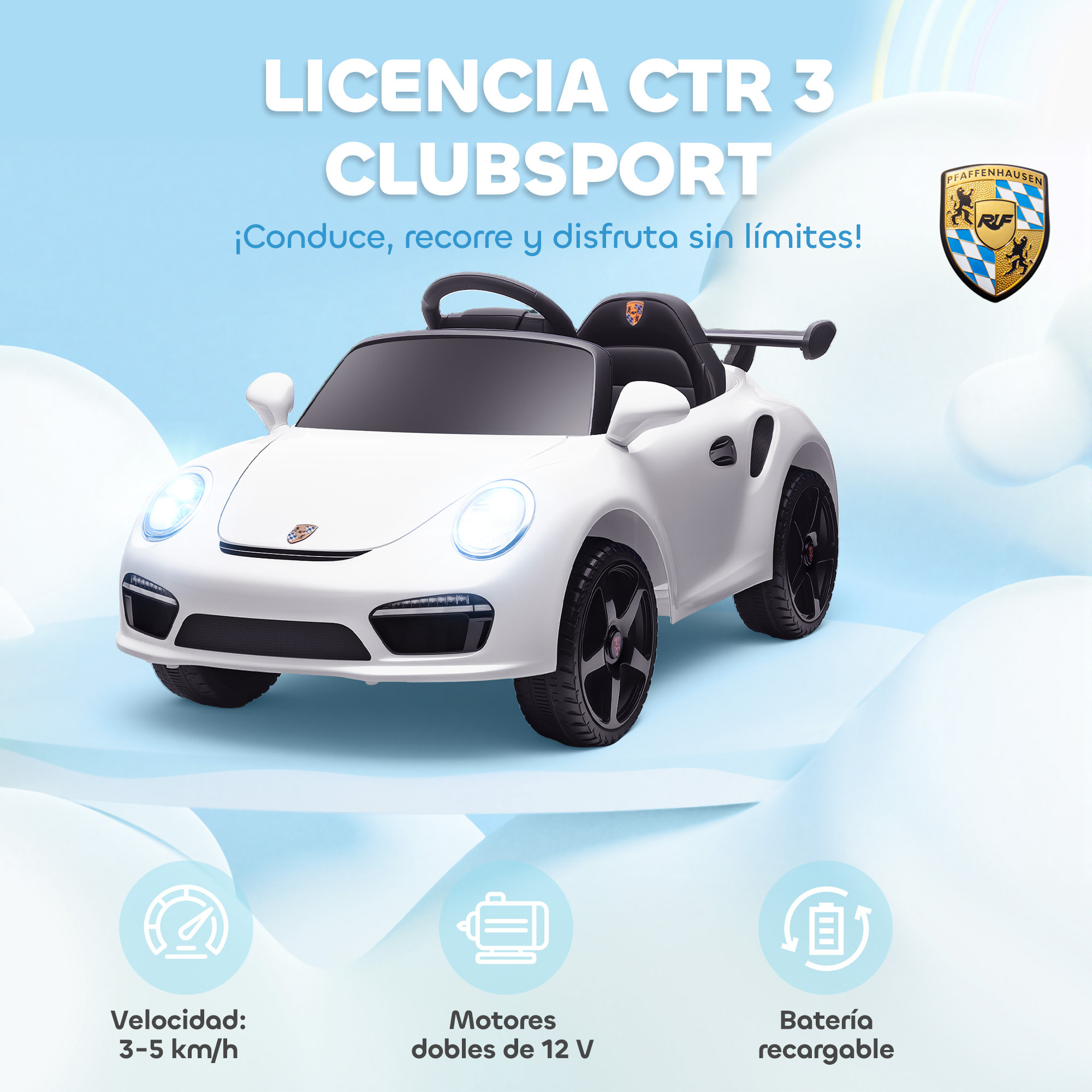 Coche Eléctrico para Niños con Licencia RUF CTR 3 Clubsport, Coche de Batería 12V, con Mando a Distancia 2,4 G, Motor Doble, Música Inalámbrica, Bocina, Ruedas Auxiliares y Faros LED, Blanco