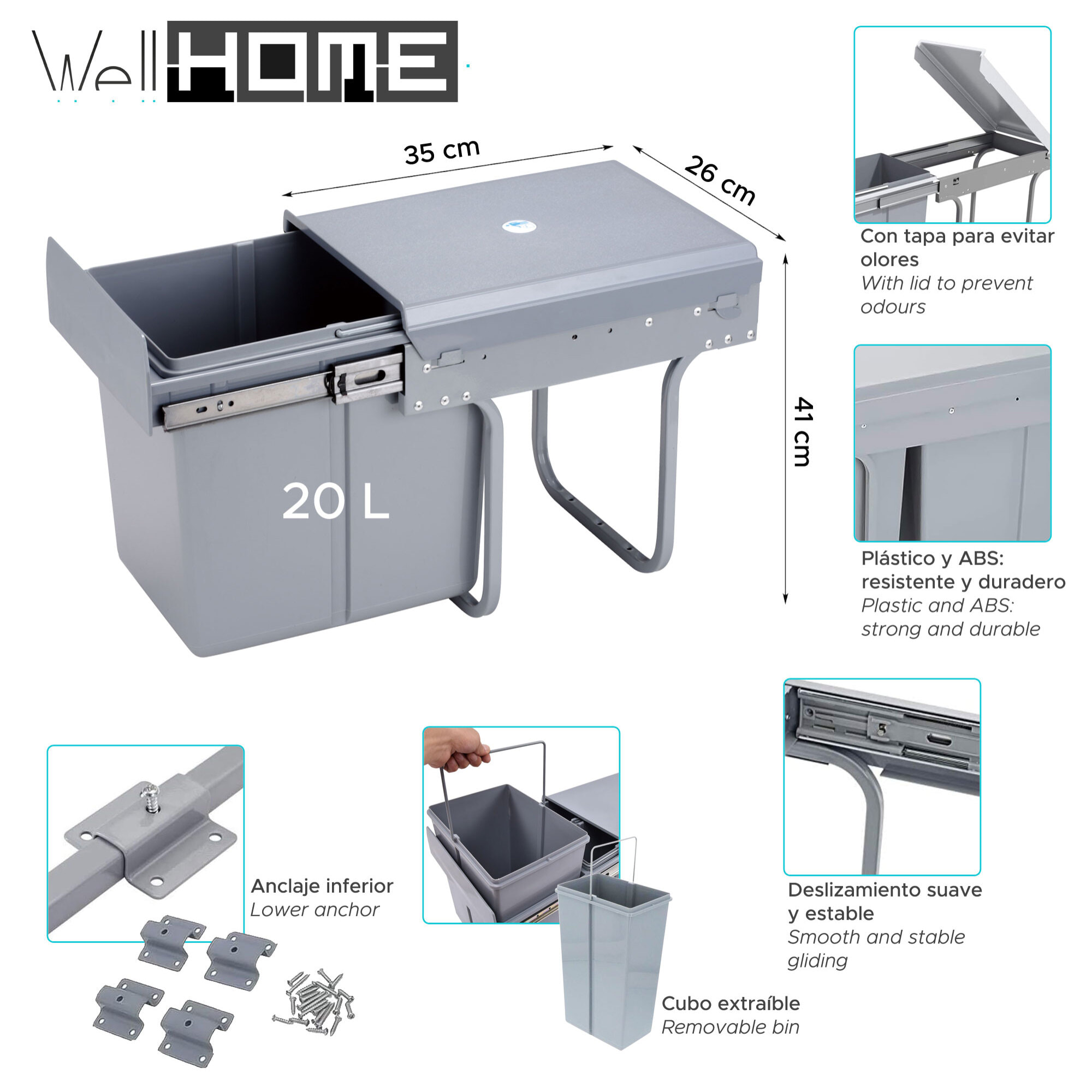 Contenedor de reciclaje para mueble de cocina, cubos de basura bajo fregadero, fijación inferior y extracción manual, cubo extraíble, con tapa