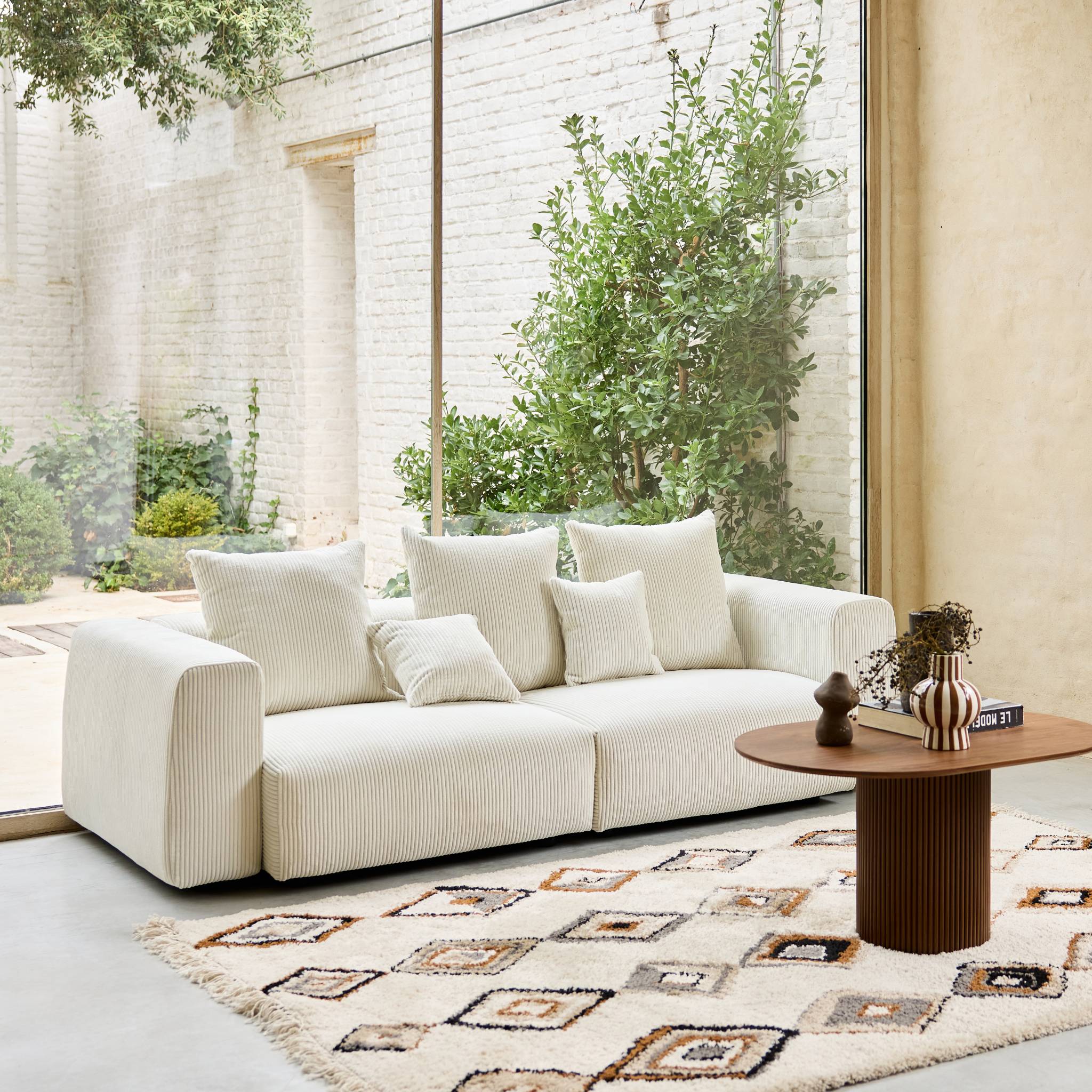 Canapé déhoussable 3 places en velours côtelé grosse côte crème avec pluie de coussins L 230 x P 97 x H 82cm - Pillow