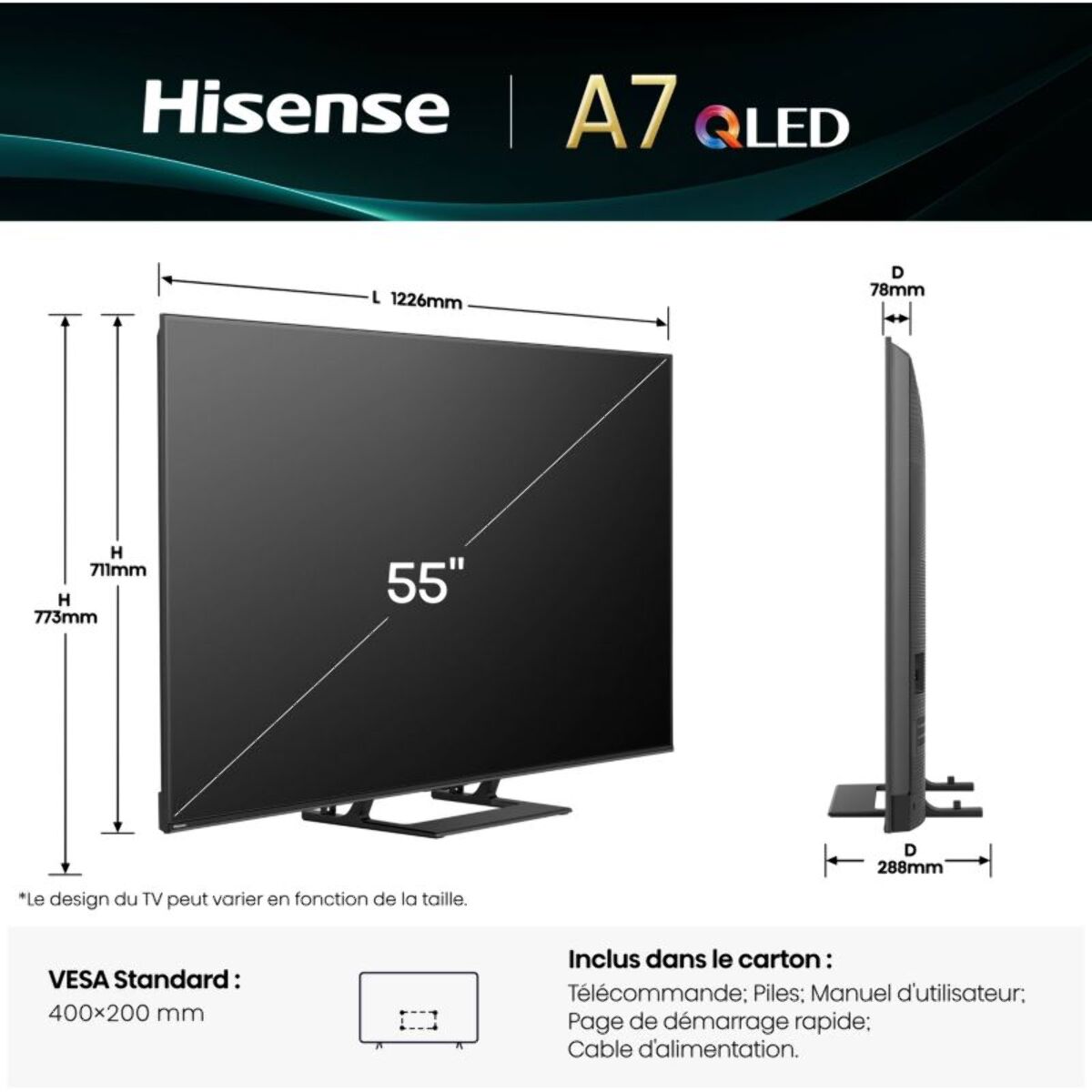 TV QLED HISENSE 55A7Q 2025-55 pouces (139cm)