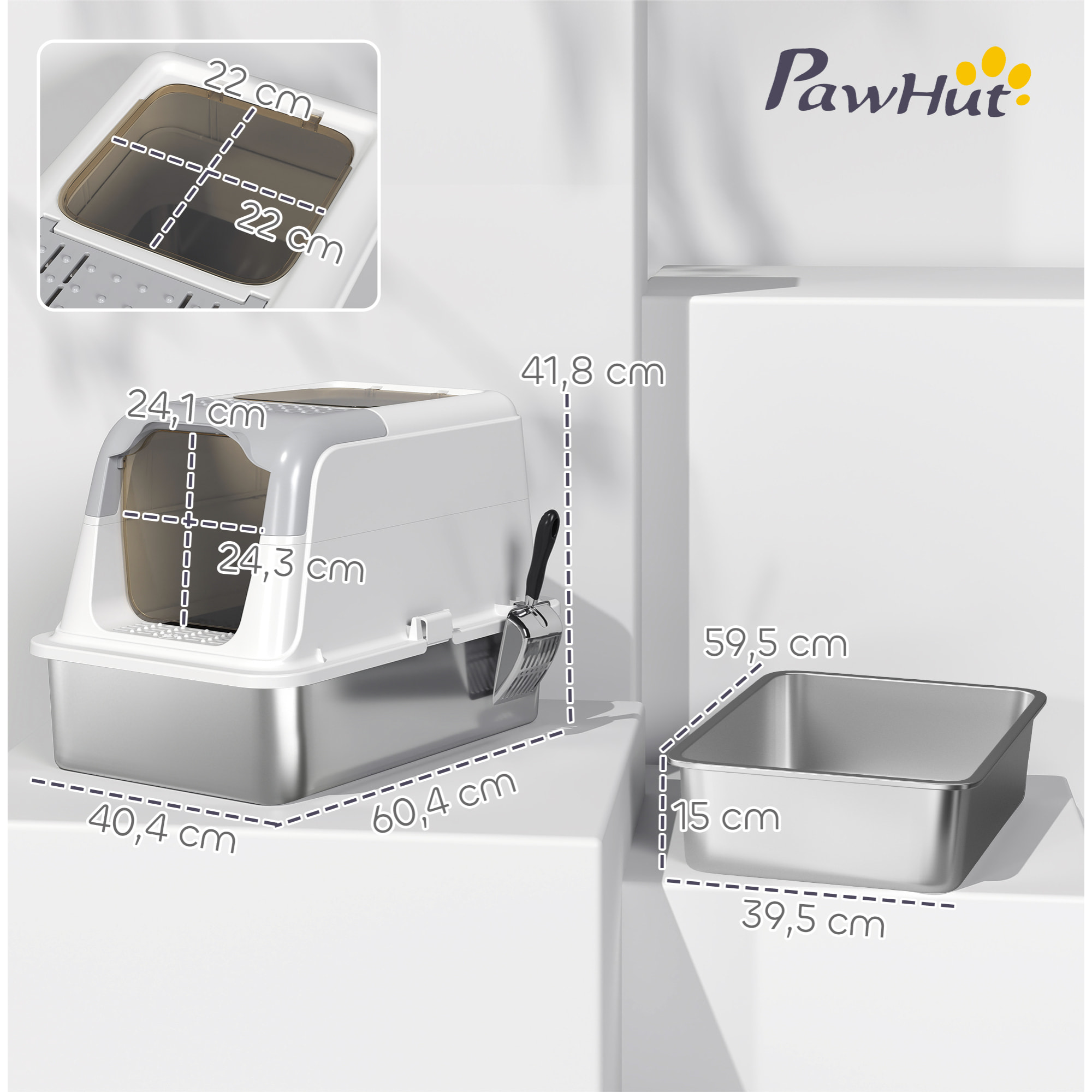 Maison de toilette bac à litière fermé acier inox - pelle, 2 portes, désodorisant - blanc