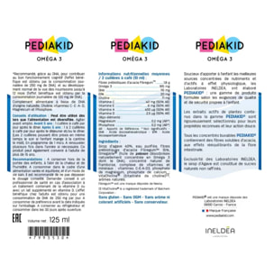 PEDIAKID - Oméga 3 - Complément Alimentaire Naturel - Formule Exclusive au Sirop d'Agave - Riche en DHA - Favorise le Bon Fonctionnement du Cerveau - Goût Citron-Cola - Flacon de 125 ml