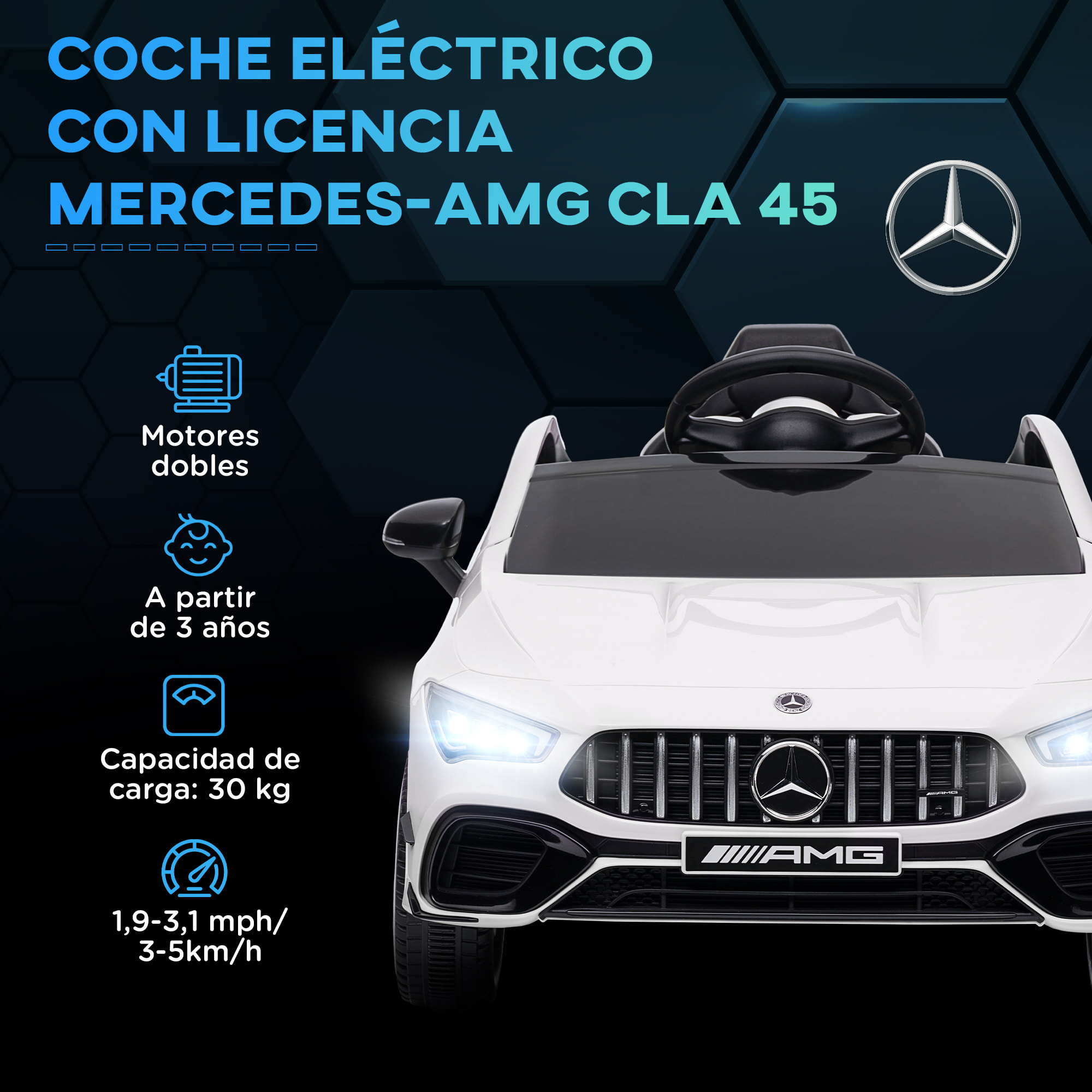 Coche Eléctrico para Niños de +3 Años Mercedes-AMG CLA 45 Carro Eléctrico Infantil con Batería 12V Mando a Distancia Faros LED Bocina Música y Ruedas Auxiliares Blanco