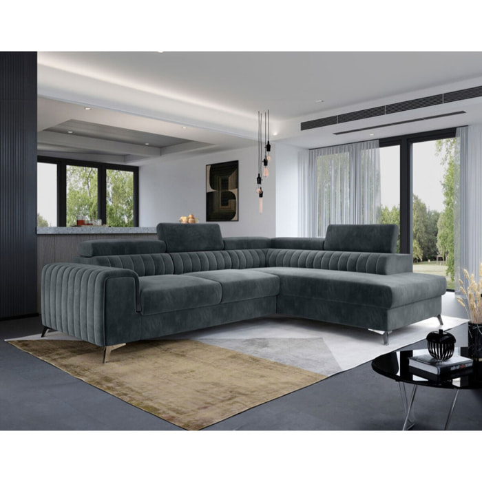 Talisay - canapé d'angle droit - 5 places - convertible avec coffre - en velours - Gris