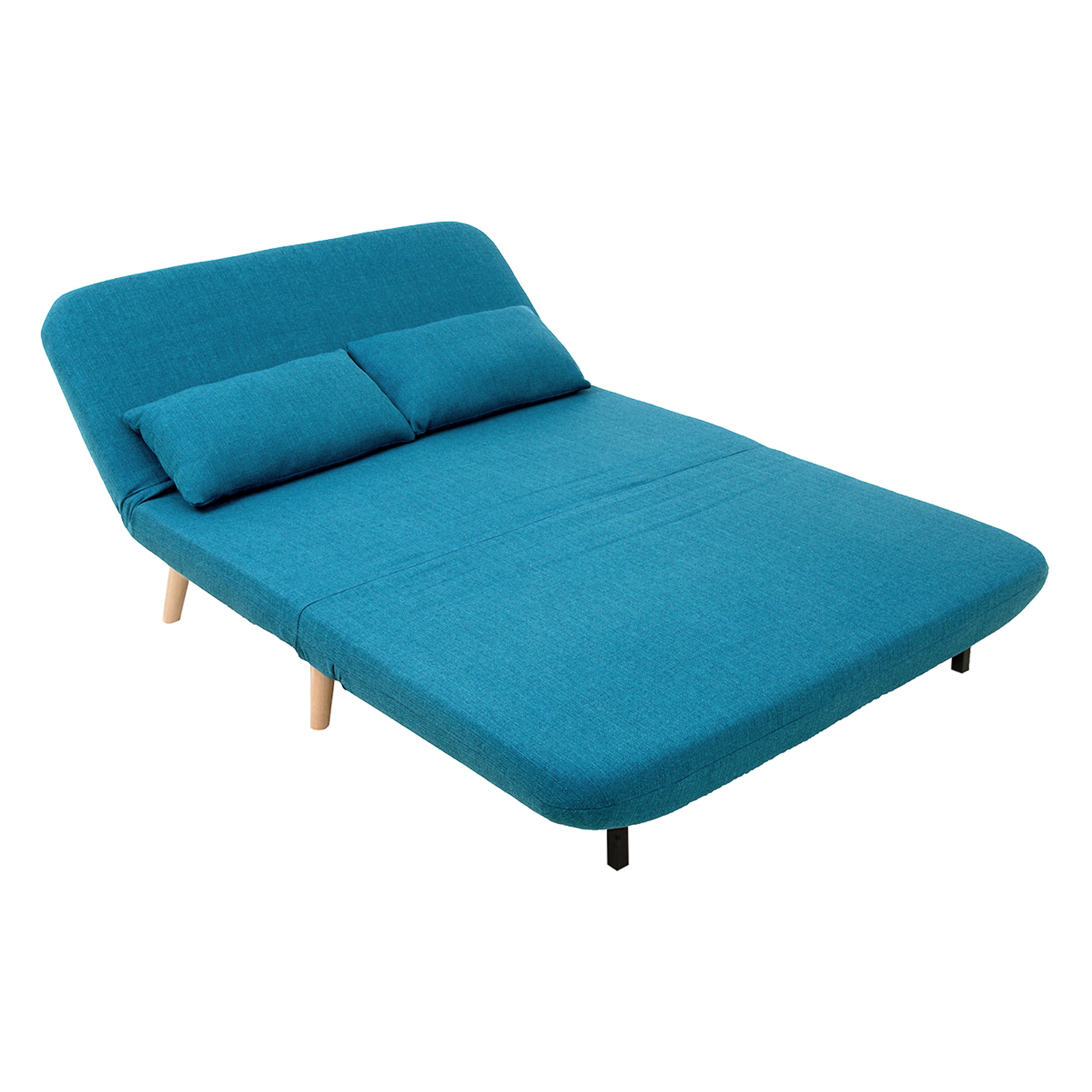 Chauffeuse 2 places convertible en tissu bleu canard et bois clair AMIKO