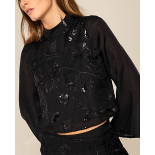 Blusa de cuello subido con bordado y lentejuelas de mujer