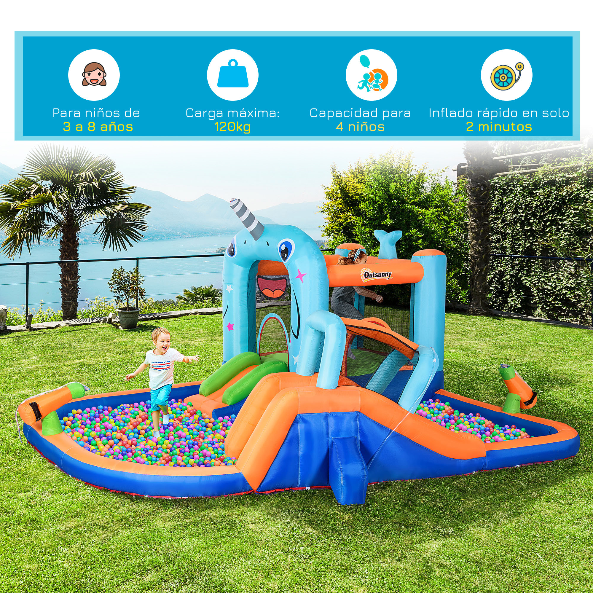 Castillo Hinchable para Niños de 3-8 Años con Tobogán Trampolín Piscina Castillo de Rebote con Inflador y Bolsa de Transporte para Exterior 420x370x230 cm Multicolor