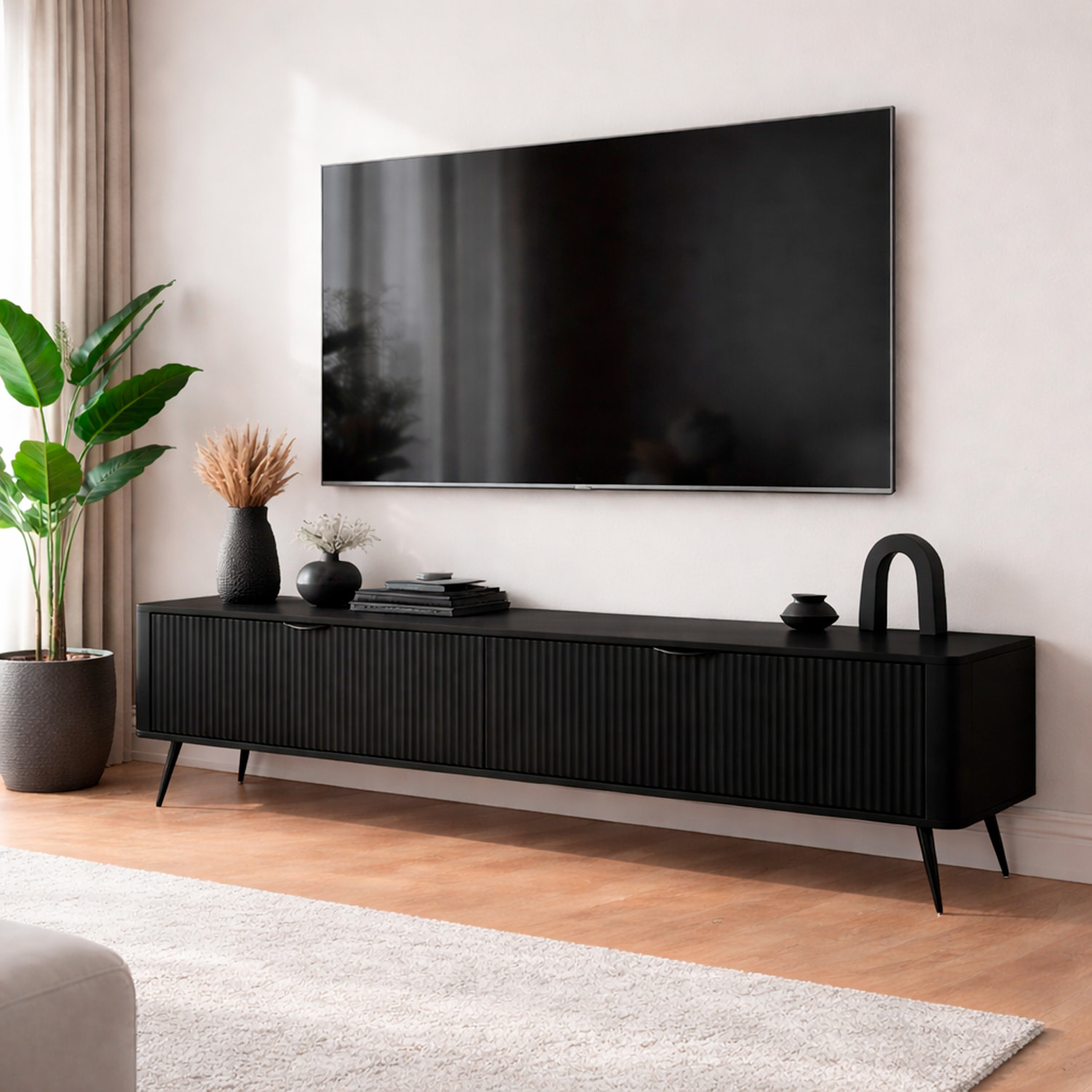 Mobile Porta TV Con 2 Ante A Ribalta Finitura Cannettato Mobiletto Design Moderno Elegante Piedini Slanciati Soggiorno Camera  200 x 51 x 38 cm nero