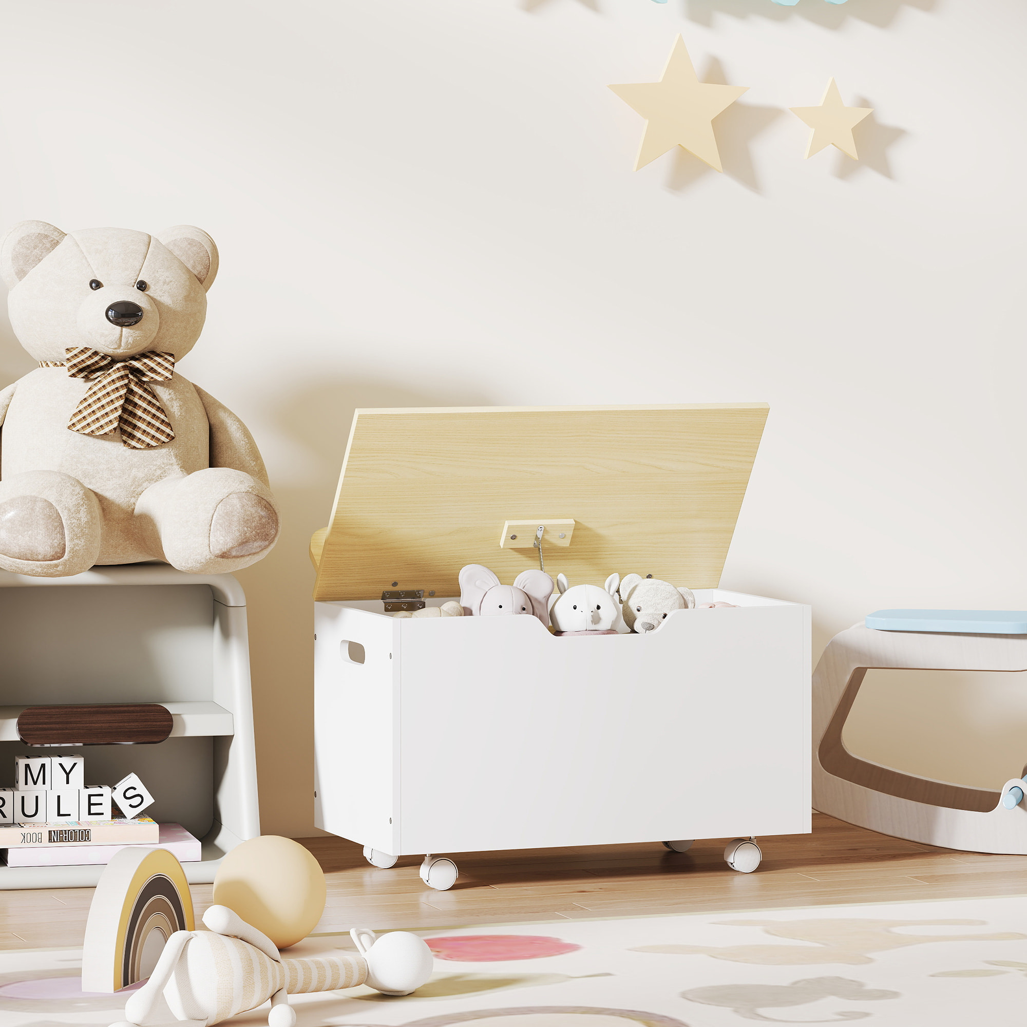 Caja de Almacenaje de Juguetes con Ruedas, Baúl Juguetes Infantil con Tapa Abatible con Bisagra de Seguridad, Diseño de Nube, para Dormitorio, Sala de juegos, Guardería, Blanco y Natural